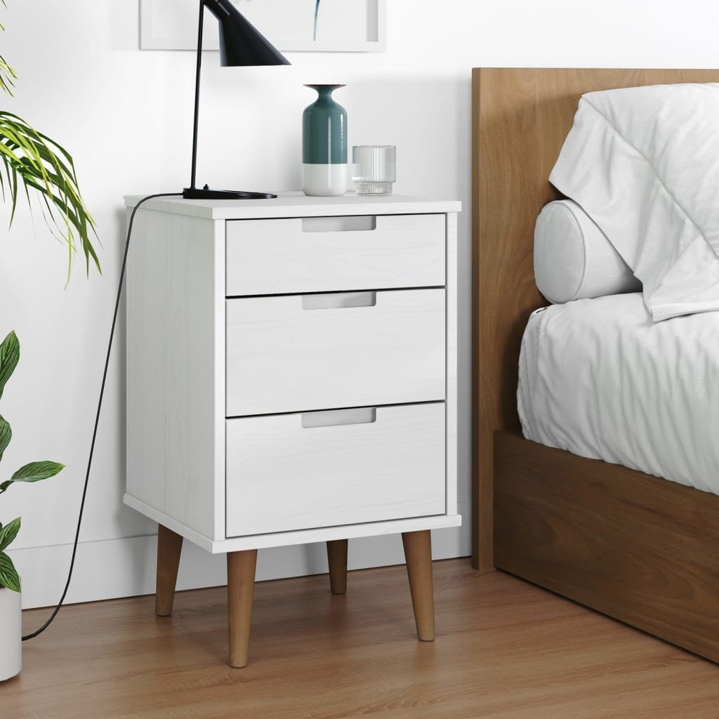 Walplus MOLDE 3 Drawer Solid Pine Wood Bedside Cabinet - White - 40 x 35 x 65 cm