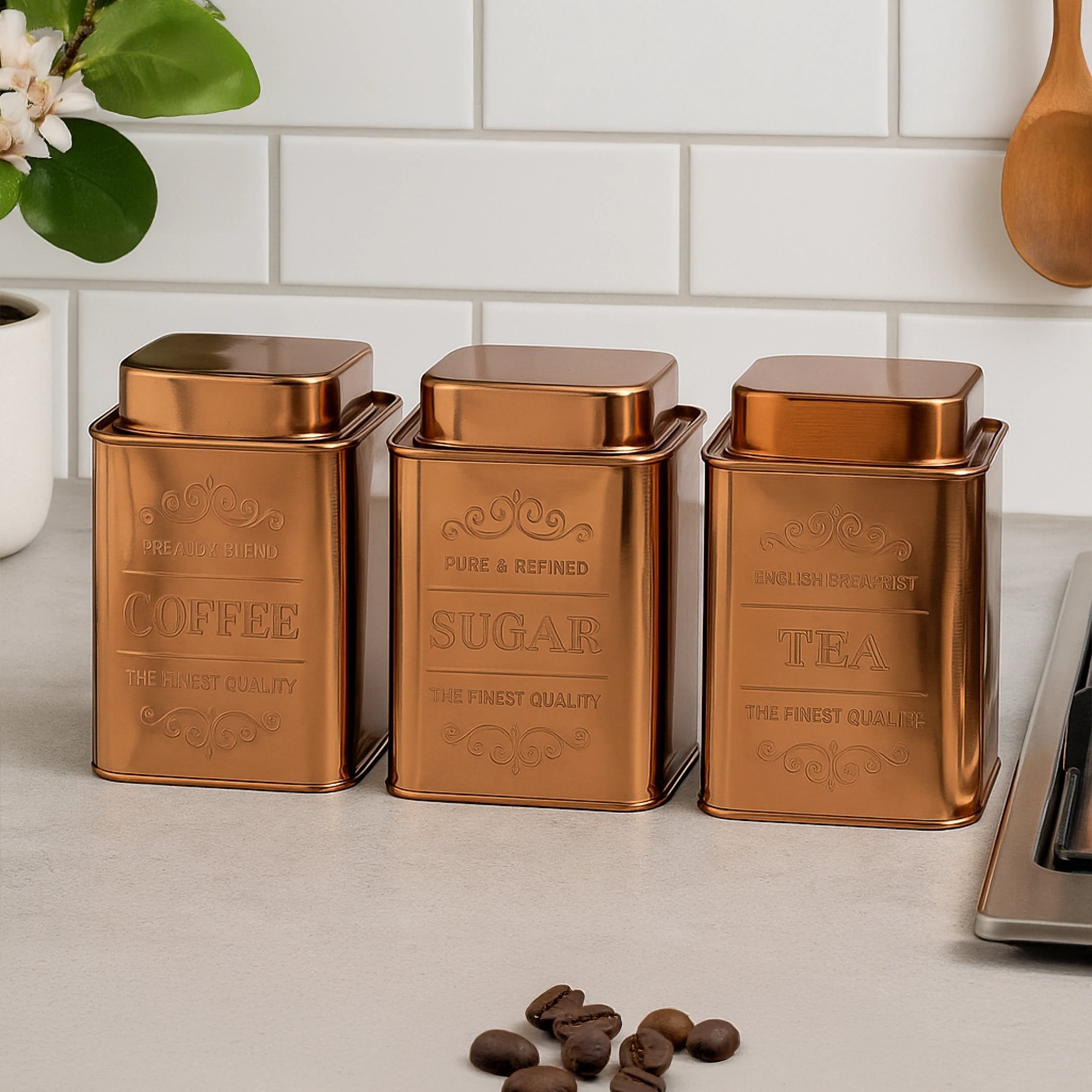 Orsina Chai Set of 3 Copper Finish Tea Coffee and Sugar Storage Canisters