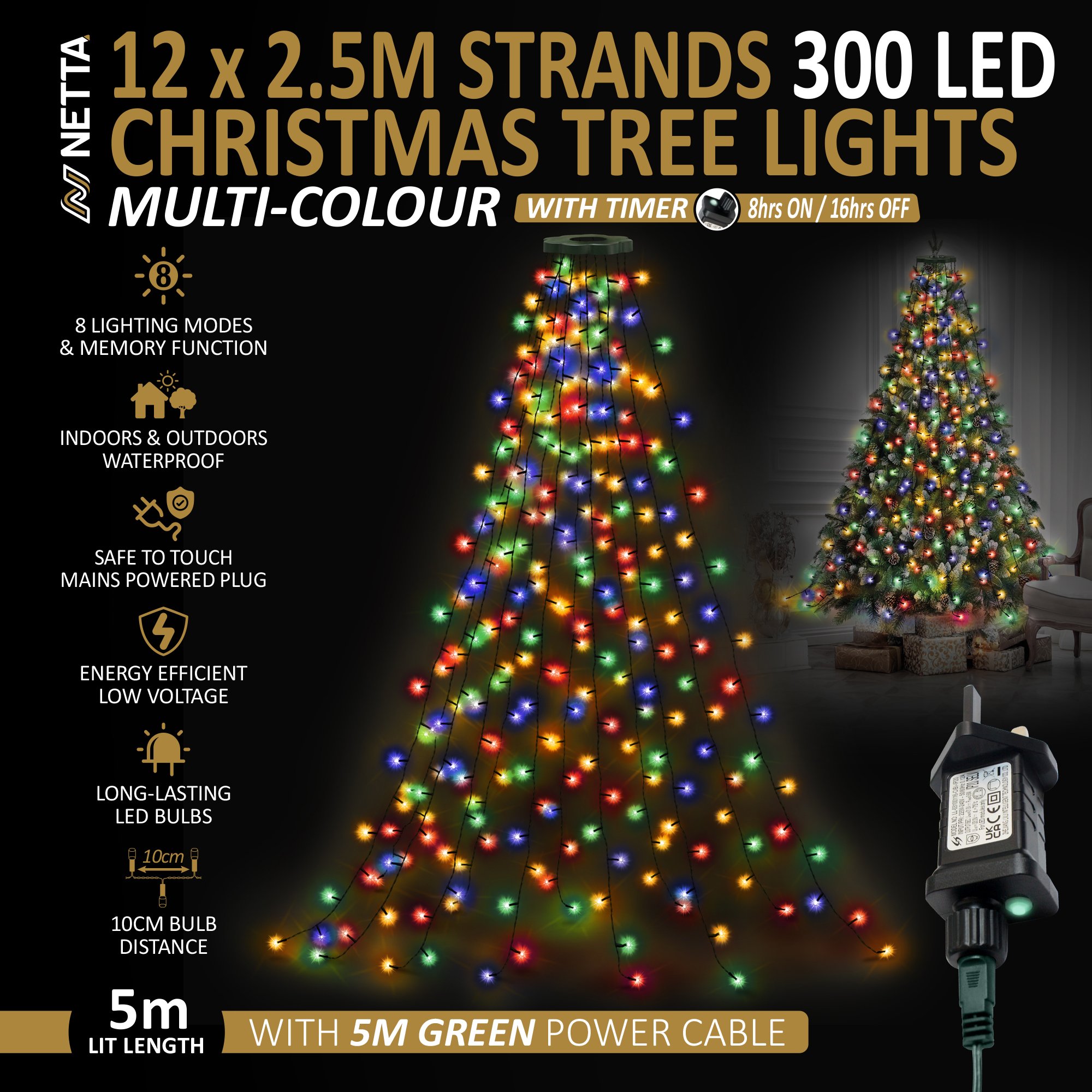 NETTA 2.5m 300 LED Christmas Tree Fairy String Lights - Multicolour