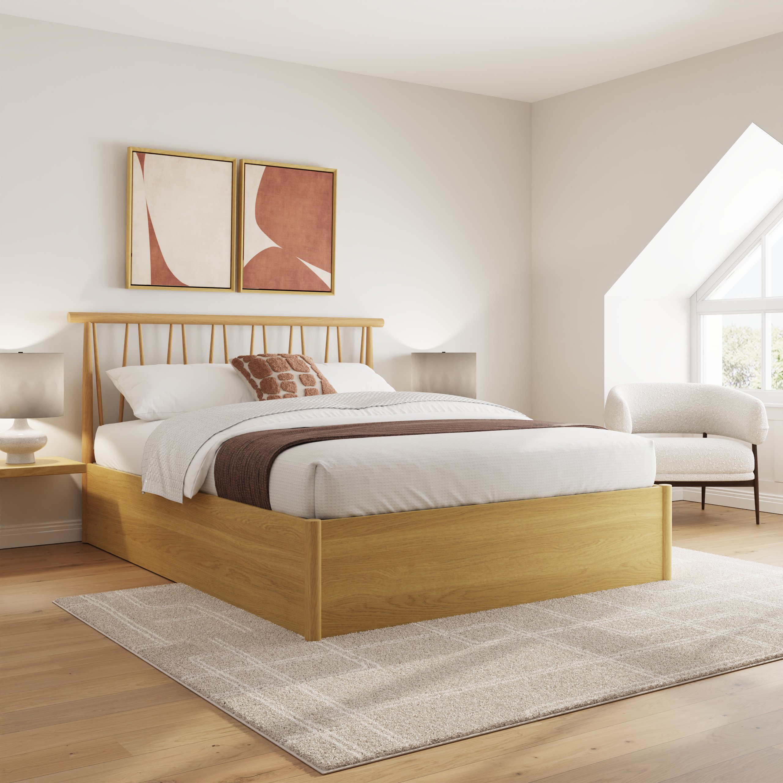GFW Fusum King Size Wooden Spindle End Lift Ottoman Bed - Oak