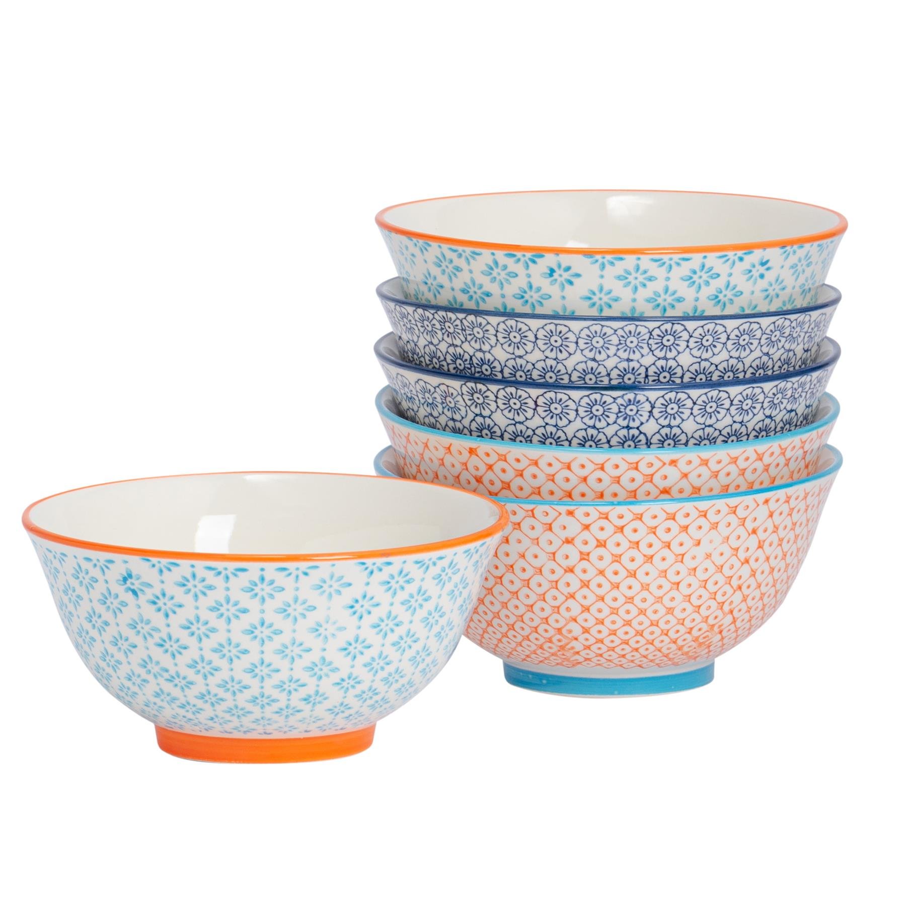 Nicola Spring Hand-Printed Cereal Bowls - 3 Colours - Pack of 6