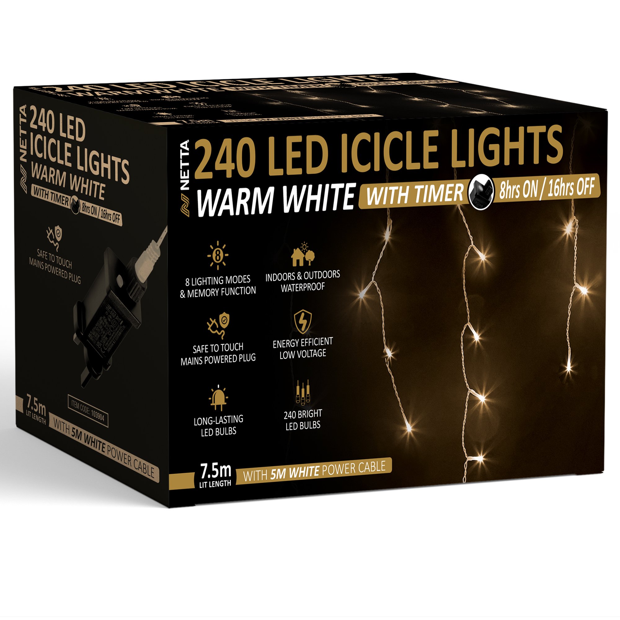 NETTA 7.5m 240 LED Outdoor Icicle Christmas Lights with Timer - Warm White