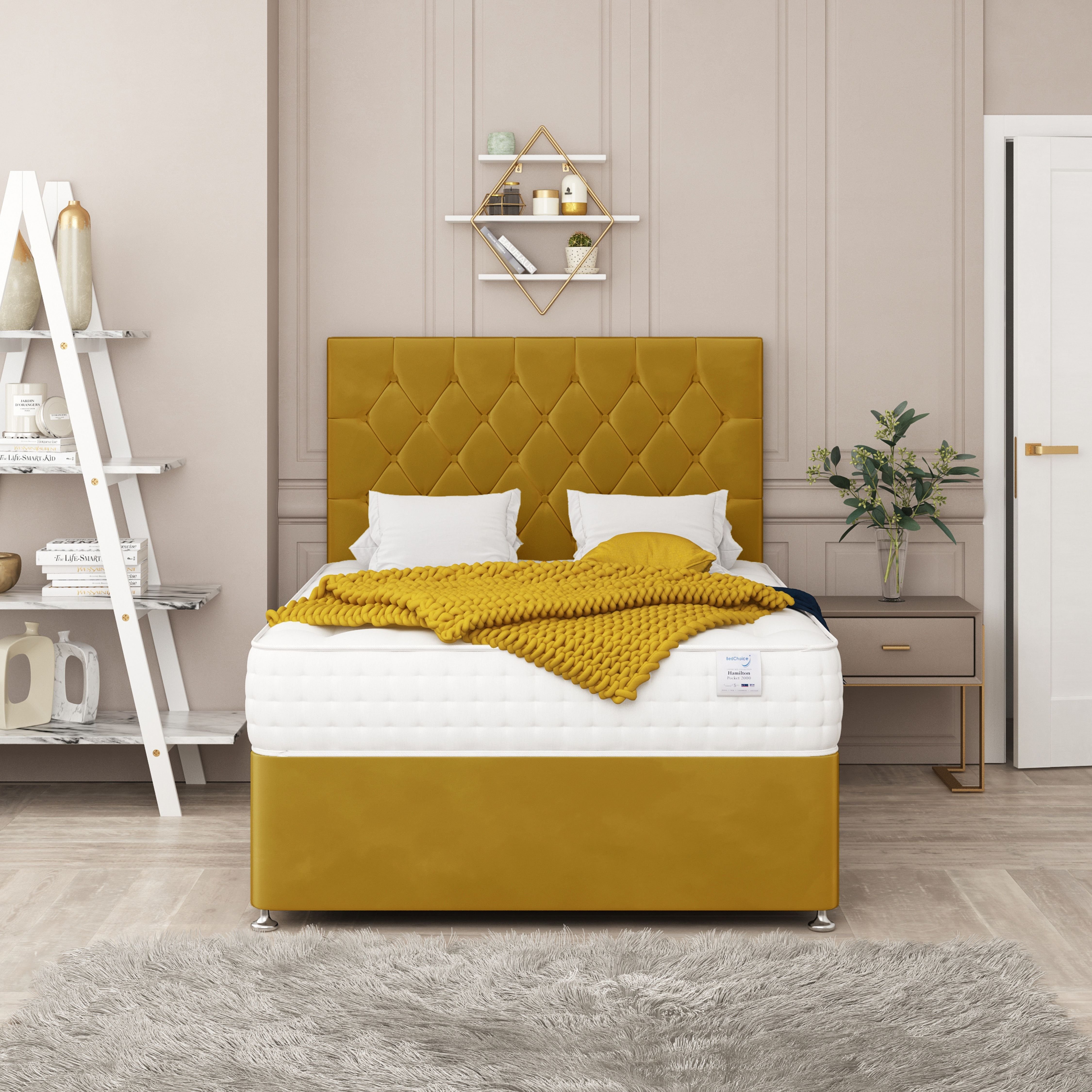 Bed Choices Windsor King 2 Drawer Divan Bed with 26" Headboard - Mustard