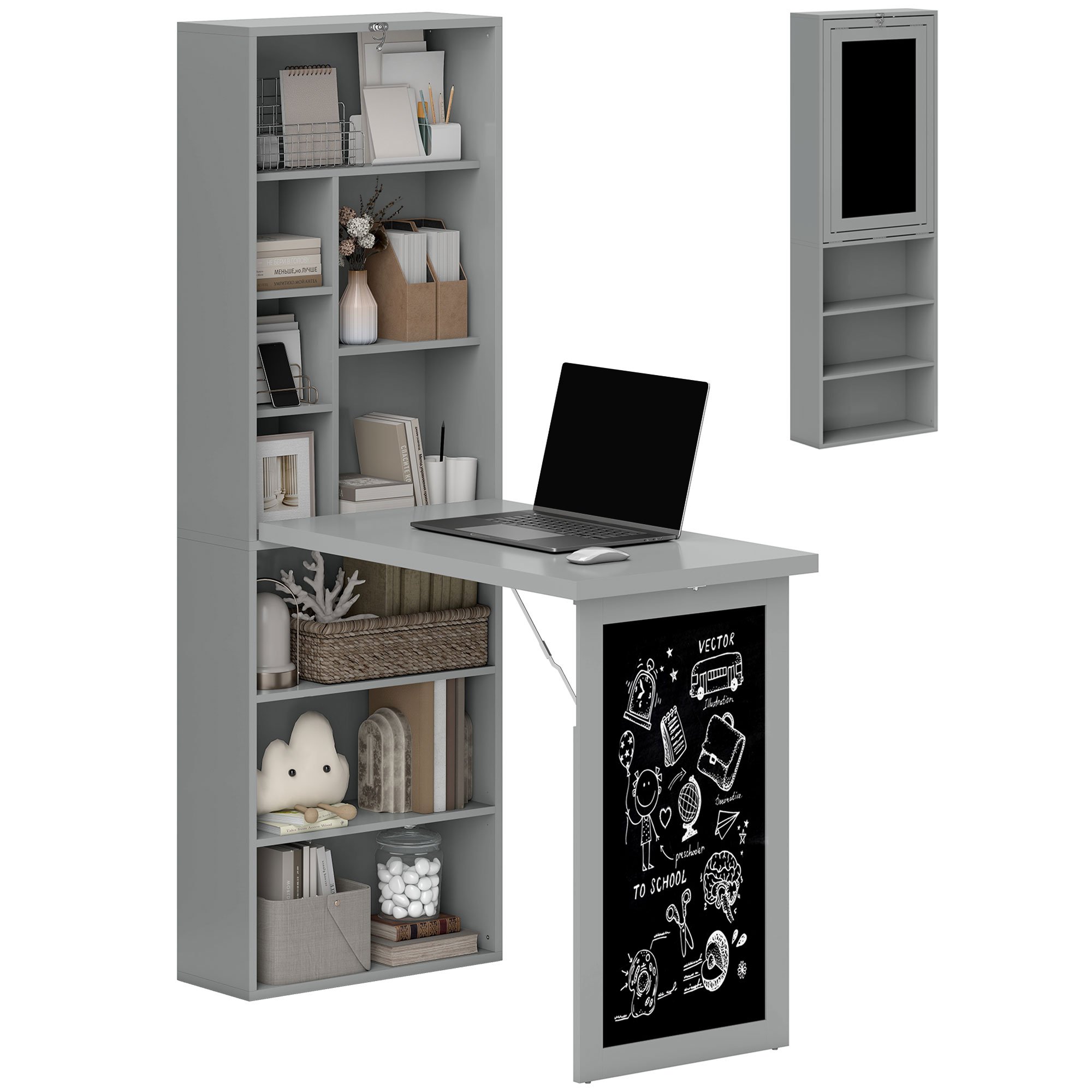 HOMCOM Folding Computer Desk with Bookshelf - Dark Grey