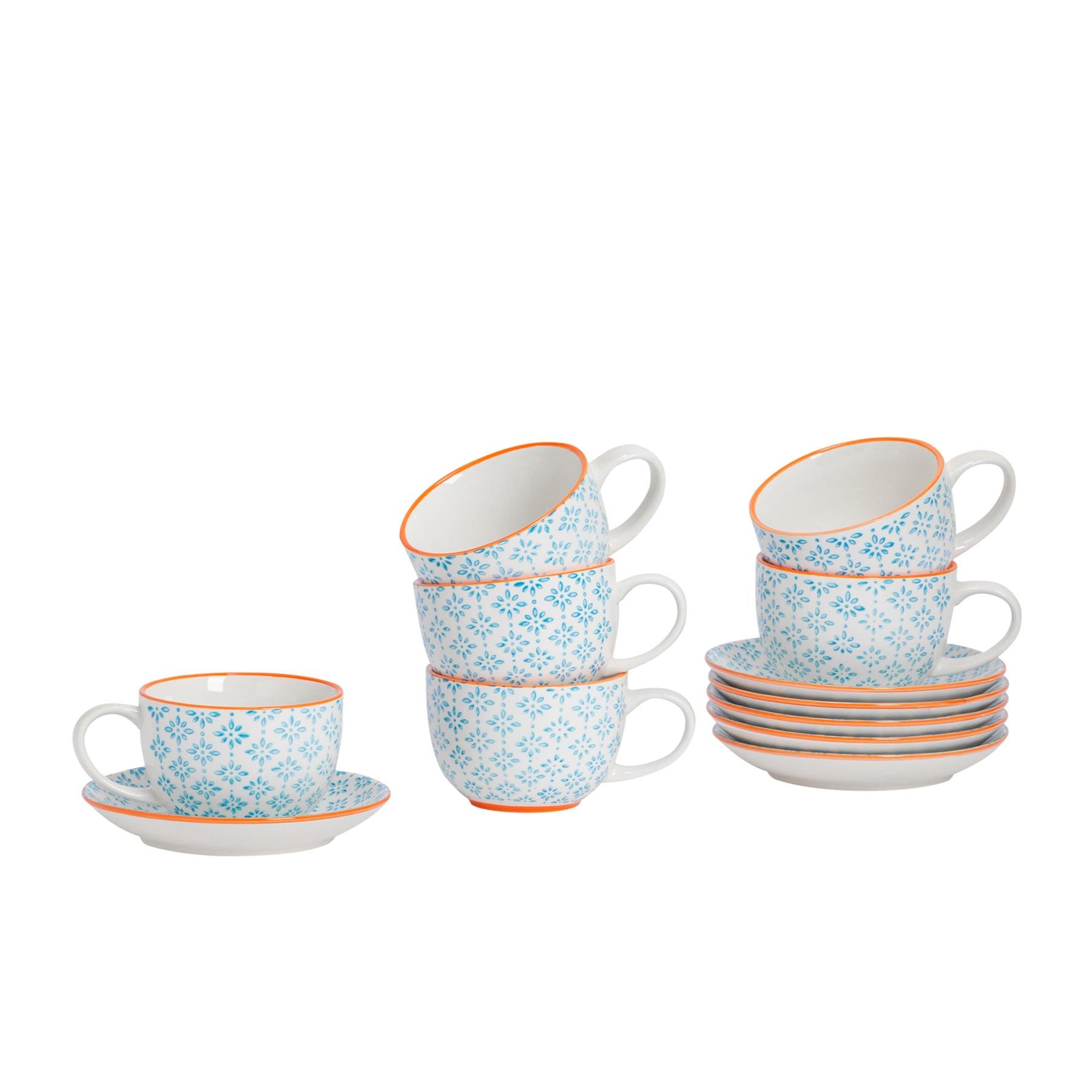 Nicola Spring 24 Piece Hand-Printed Cappuccino Cup & Saucer Set - 250ml - Blue