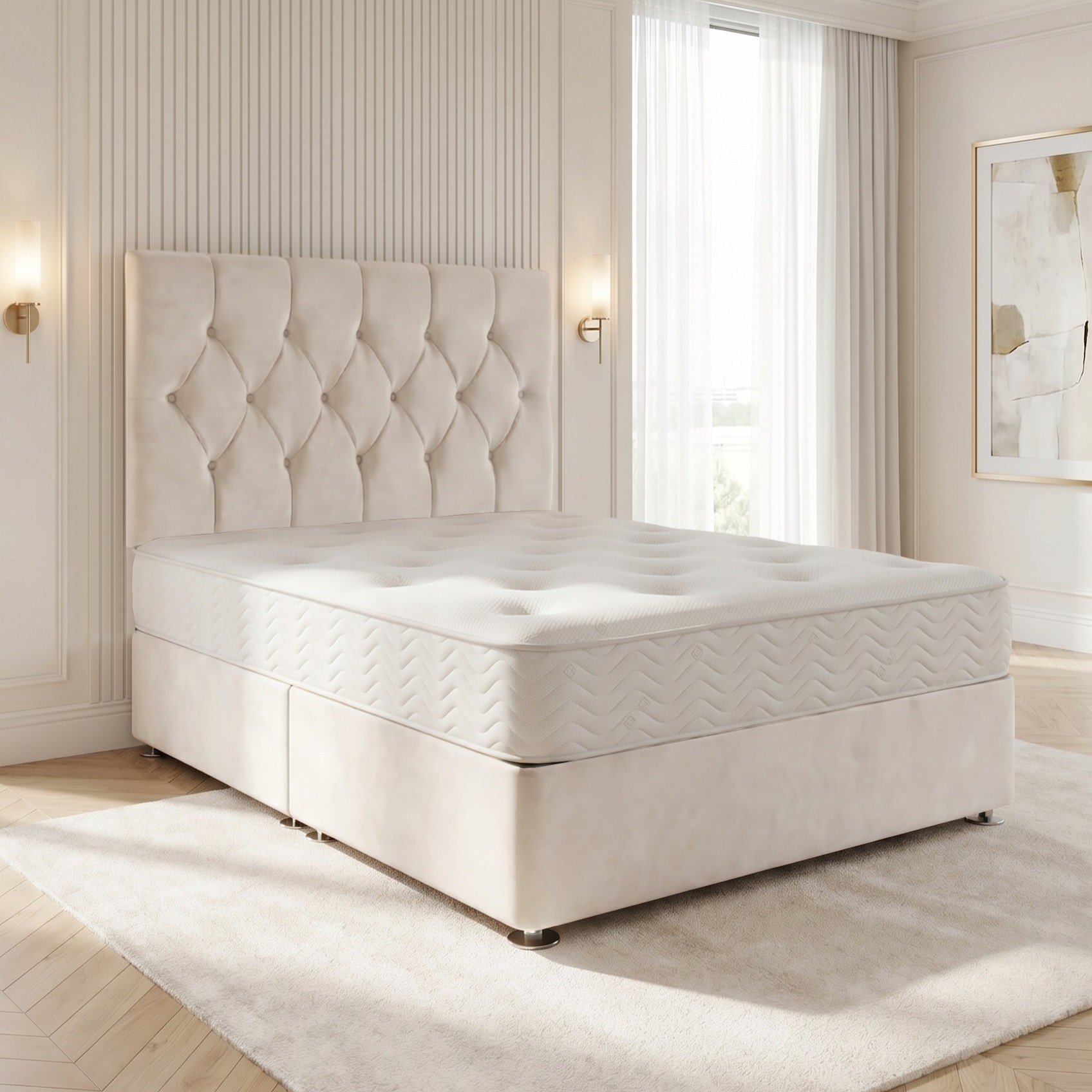Somnior Chester Velvet Small Single Open Coil Divan Bed Set - Ivory