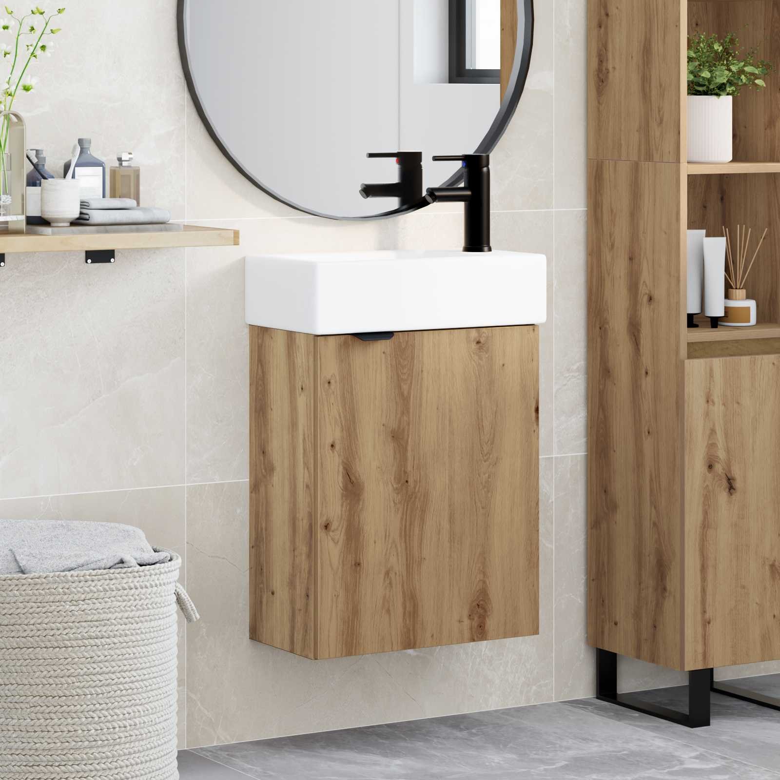 Walplus Engineered Wood Vanity Unit with Tap - Artisan Oak - 45.5 x 22.5 x 84 cm
