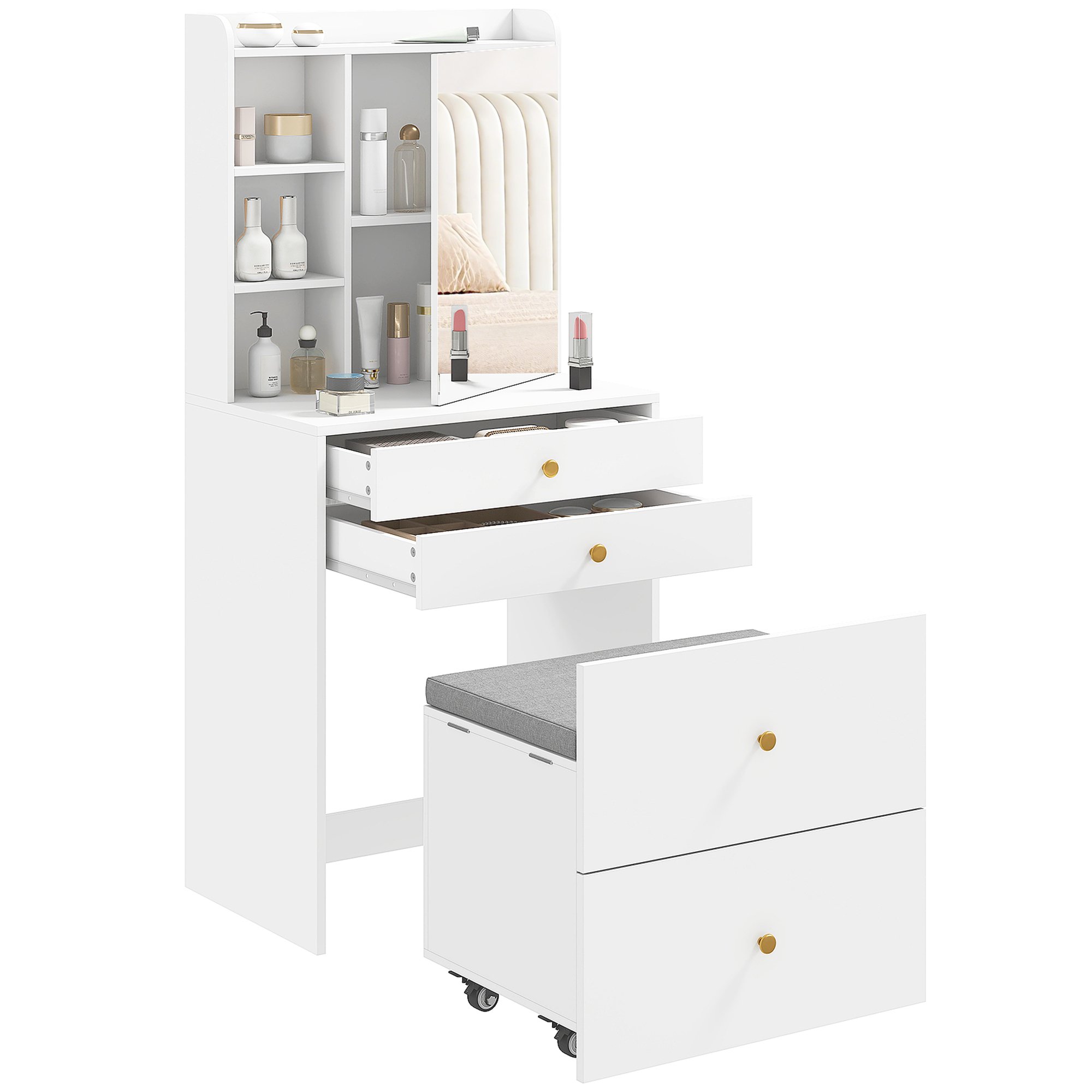 HOMCOM Dressing Table with Mirror and Mobile Storage Stool - White