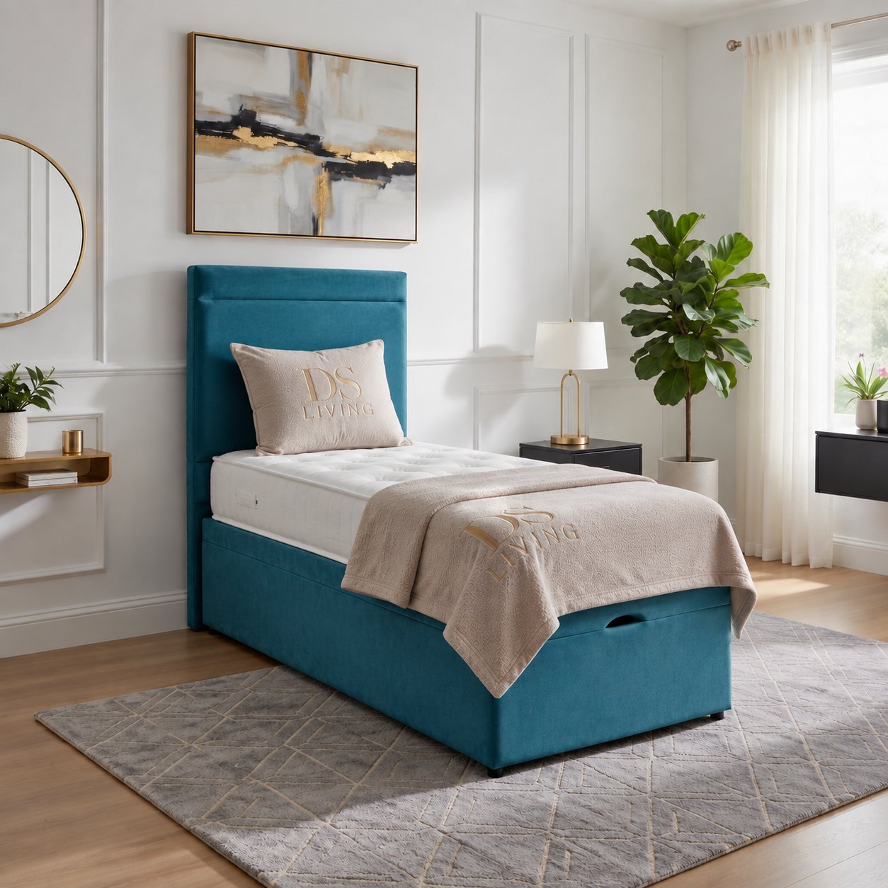 DS Living Majesty Single Velvet Ottoman Bed Frame - Sky Blue