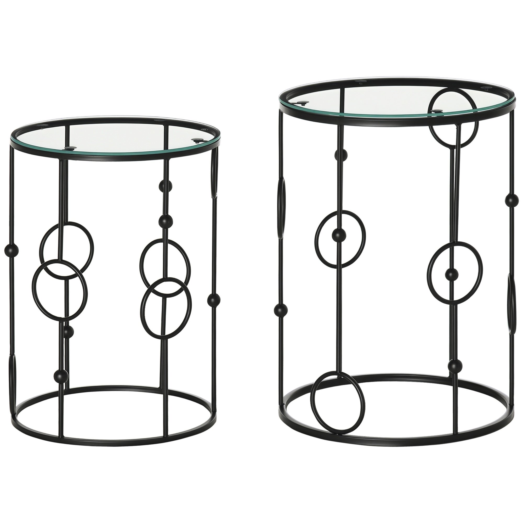 HOMCOM Set of 2 Round Steel Coffee Table  with Tempered Glass Top - Black