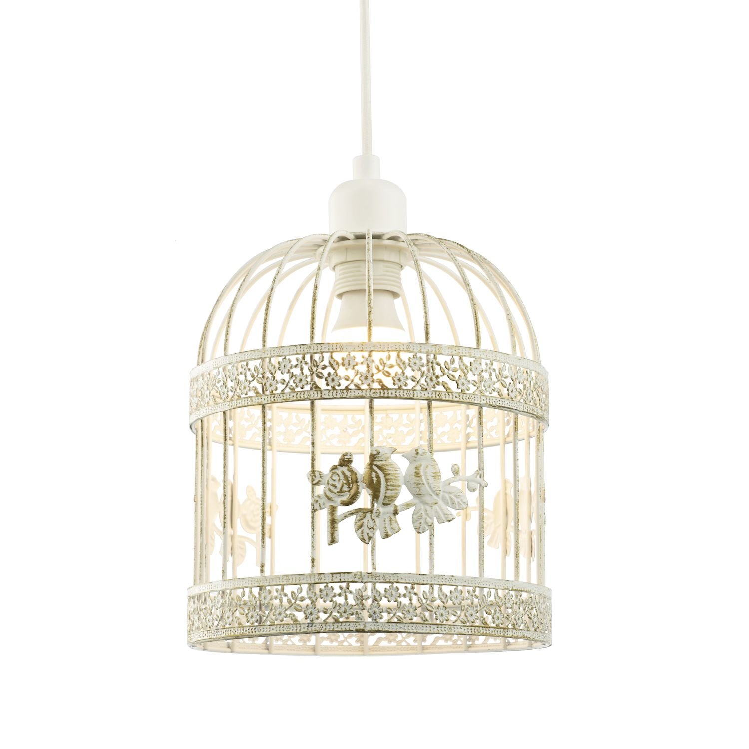Happy Homewares Cream Shabby Chic Birdcage with 3D Flowers Pendant Shade - 20cm