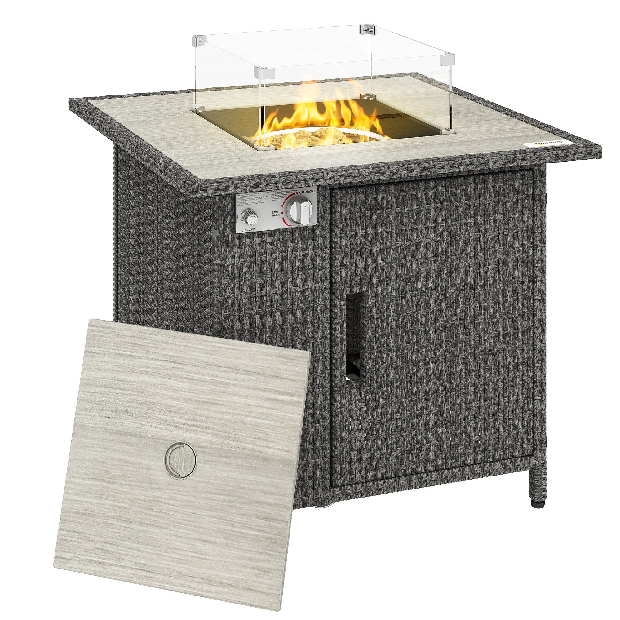 Outsunny Rattan Gas Fire Pit Table with Rain Cover - Dark Grey