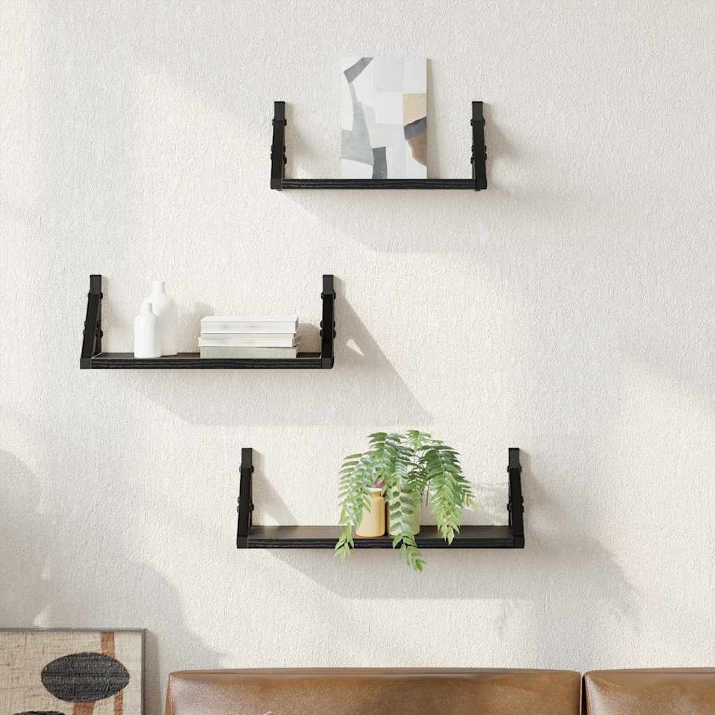 Walplus Pack of 3 Wall Shelf - Dark Oak - 37 x 12 x 13 cm (Black oak)