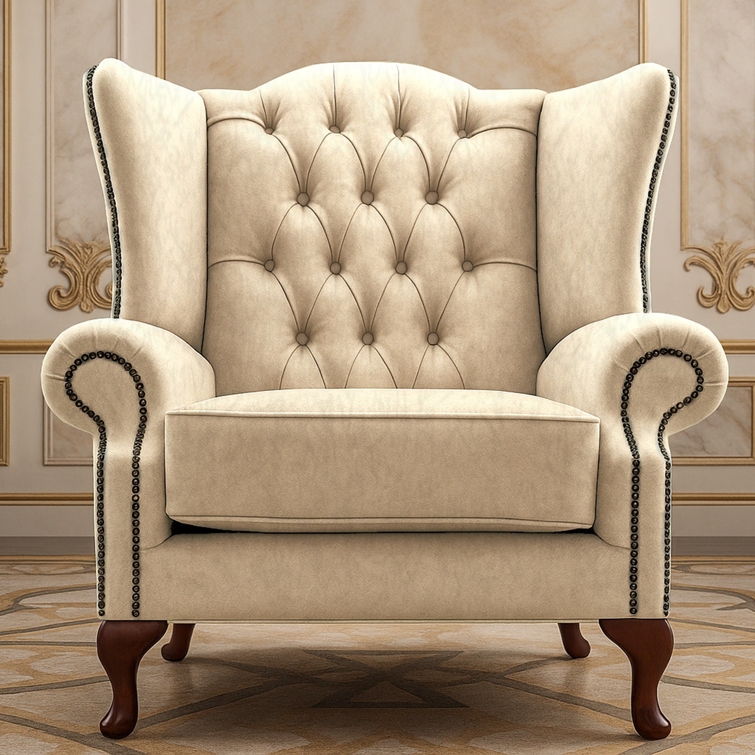 Somnior Dapple Fabric Chesterfield Wingback Armchair - Cream