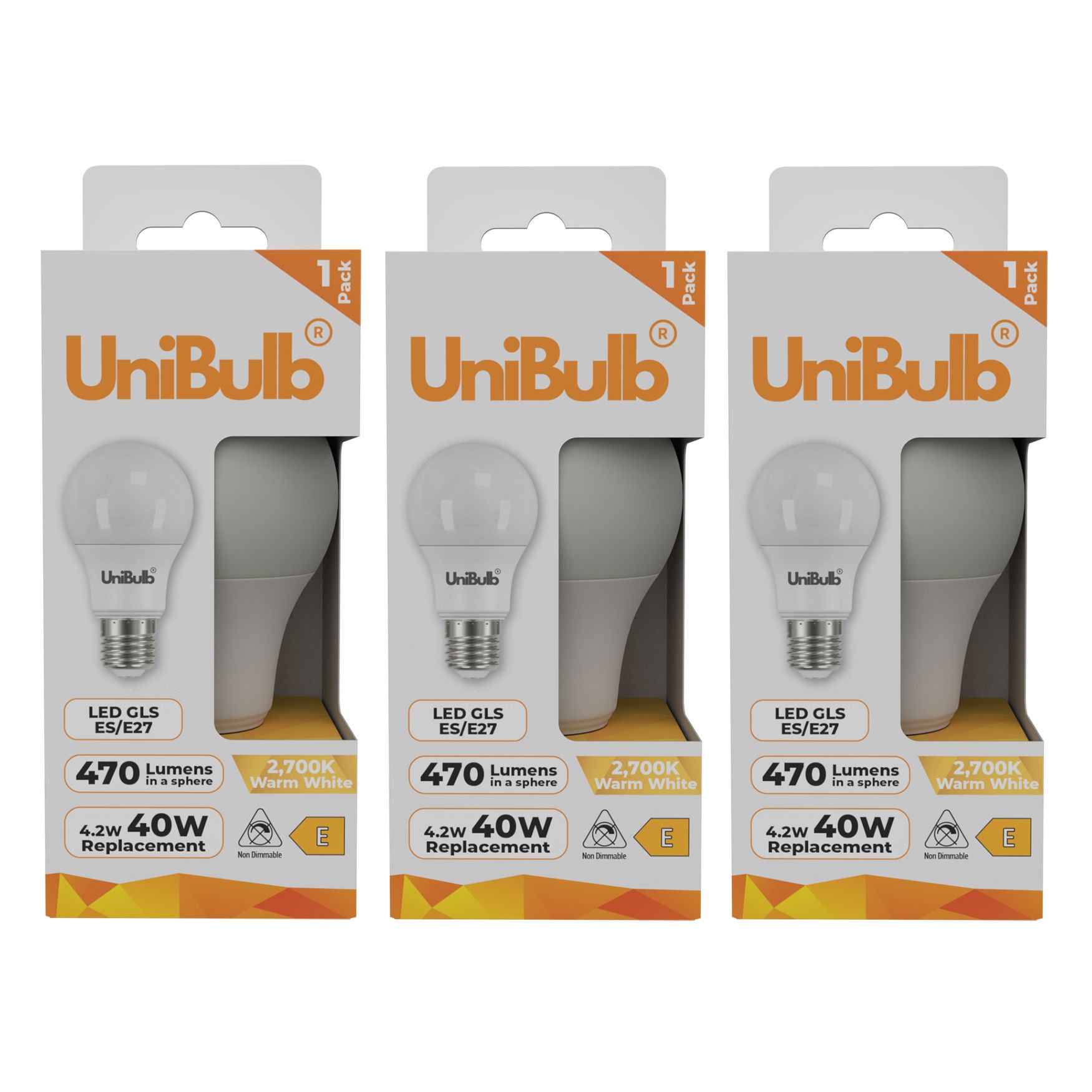 UniBulb 4.2W LED Warm White GLS E27 Light Bulb - Pack of 3