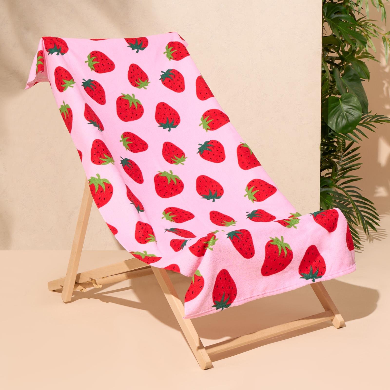 OHS Strawberry Print Microfibre Beach Towel - Pink