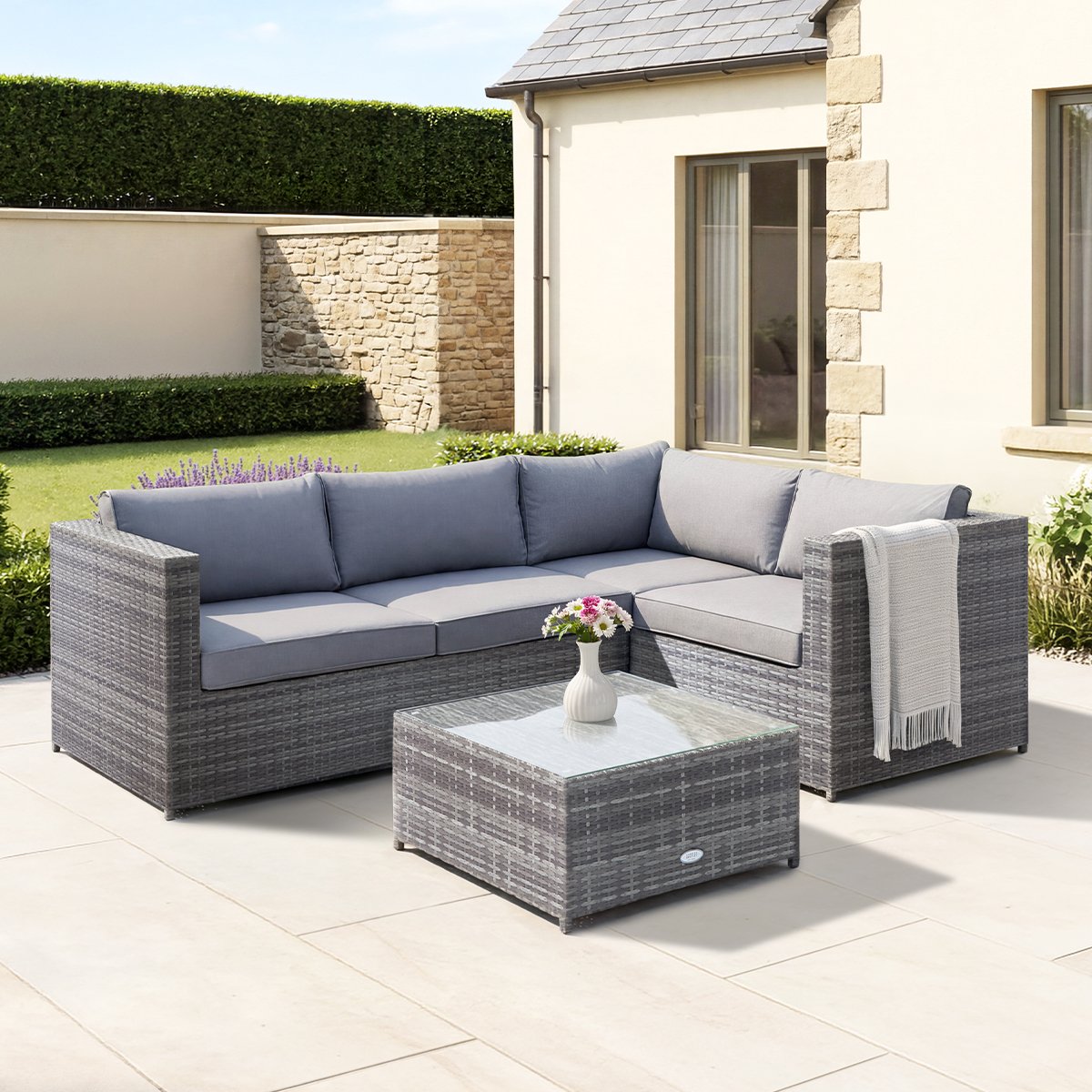 Charles Bentley Rattan Corner Sofa & Coffee Table - Grey
