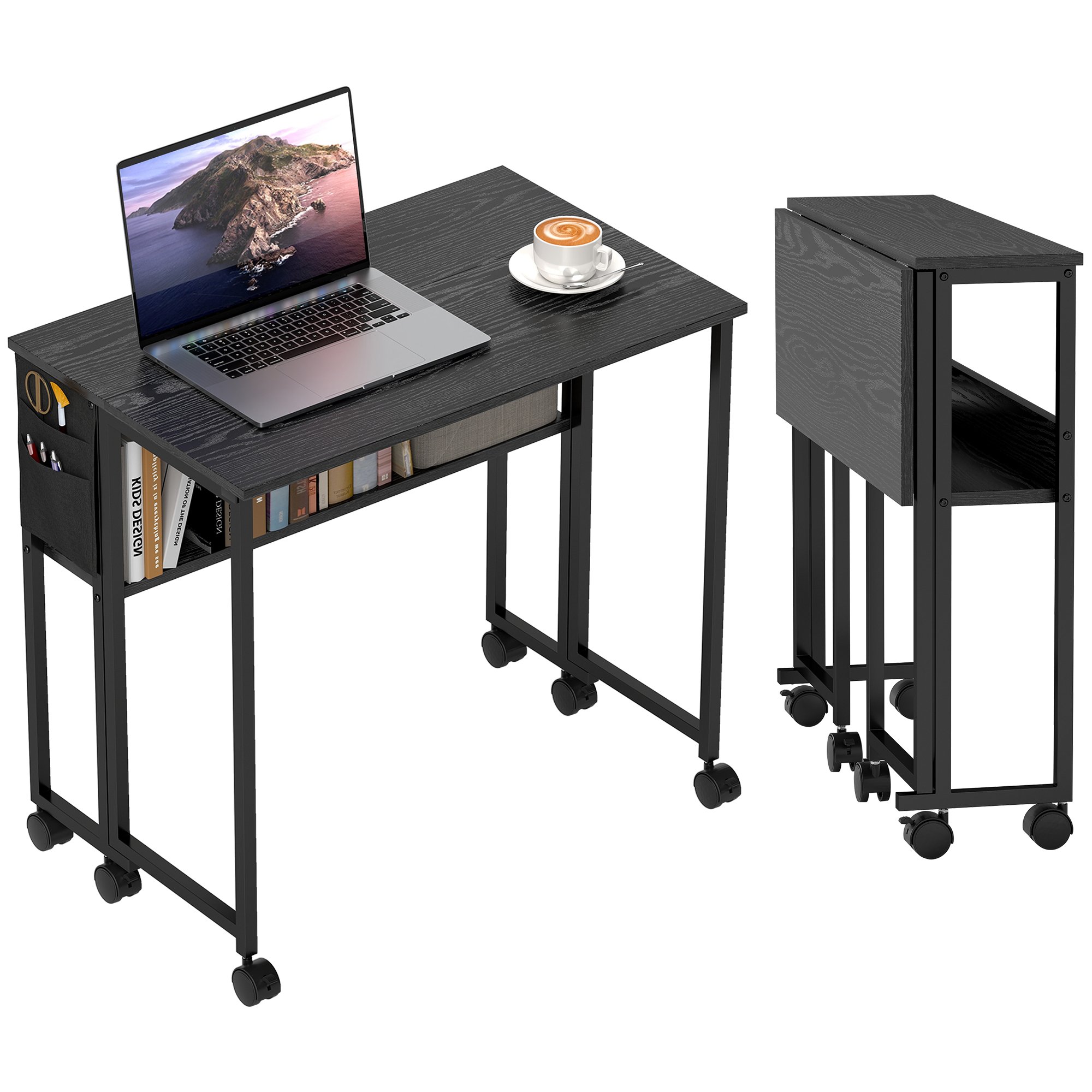 HOMCOM Foldable Office Desk with Storage Shelf - Black