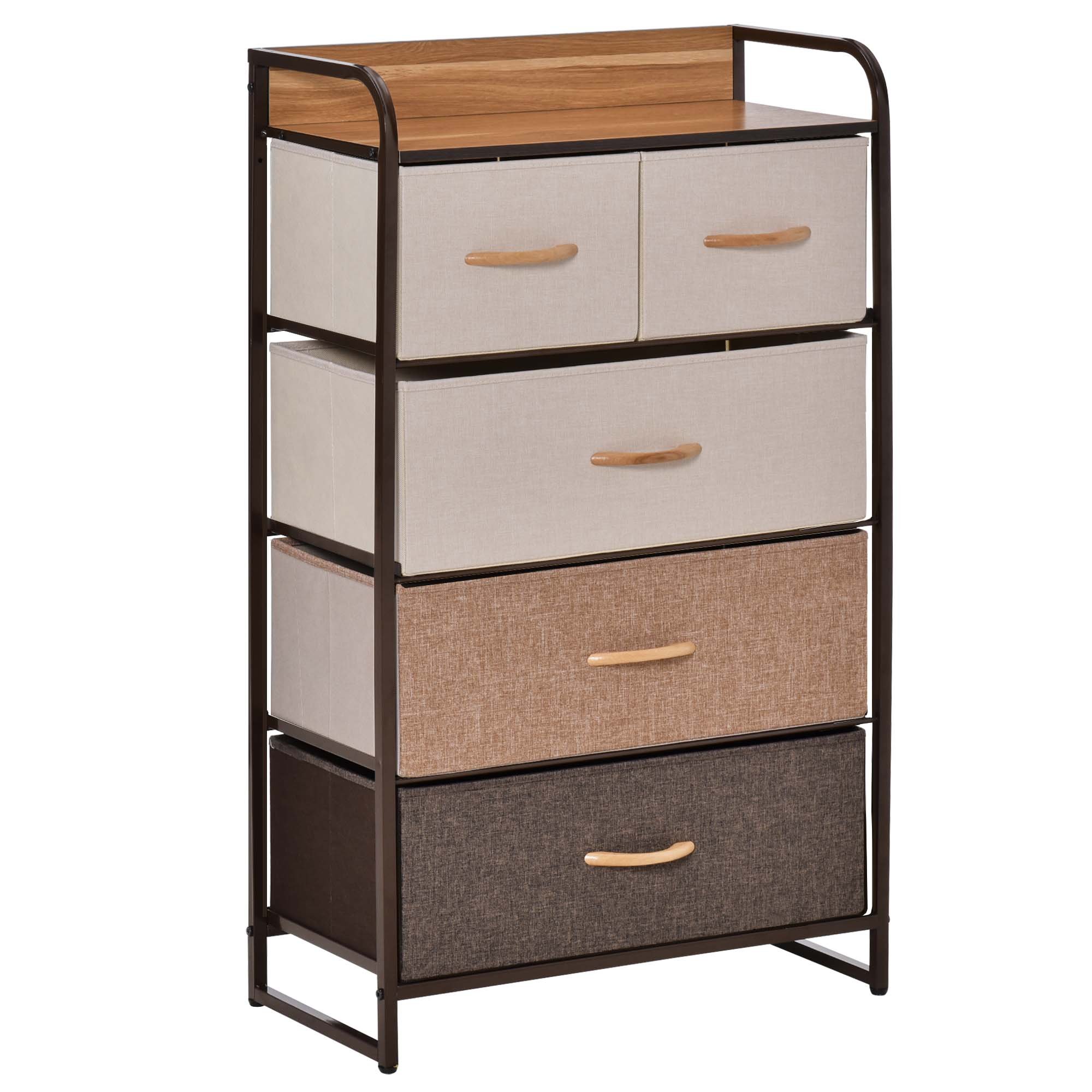 HOMCOM 5 Drawer Fabric Dresser with Steel Frame and Wooden Top - Brown