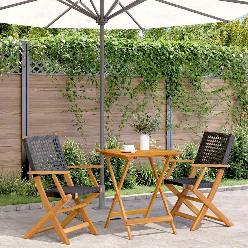 Walplus 3 Piece Poly Rattan Folding Bistro Set - Black - 60 x 60 x 75 cm