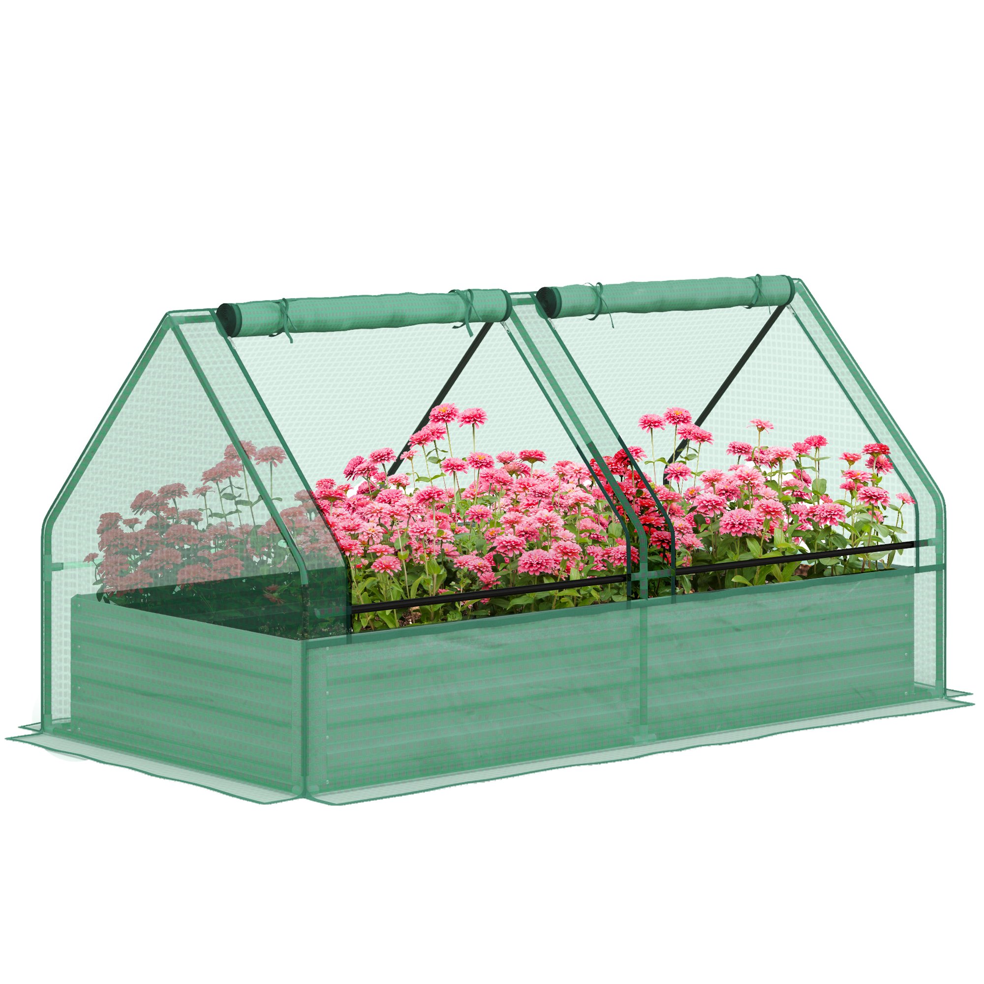 Outsunny Metal Raised Garden Bed with Mini Greenhouse - Green and Dark Grey
