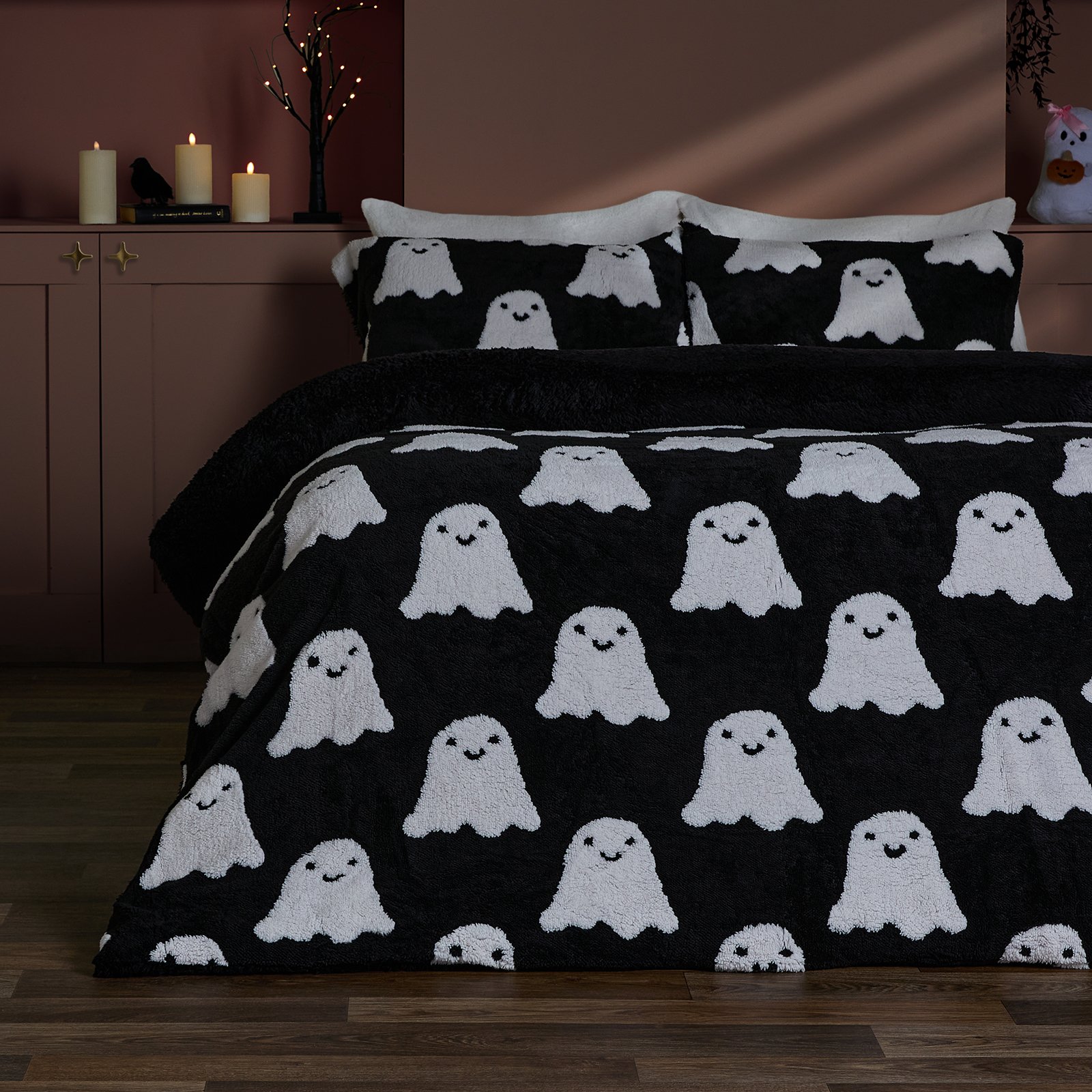 OHS Kids Tufted Ghost Teddy Duvet Set - Black - Single
