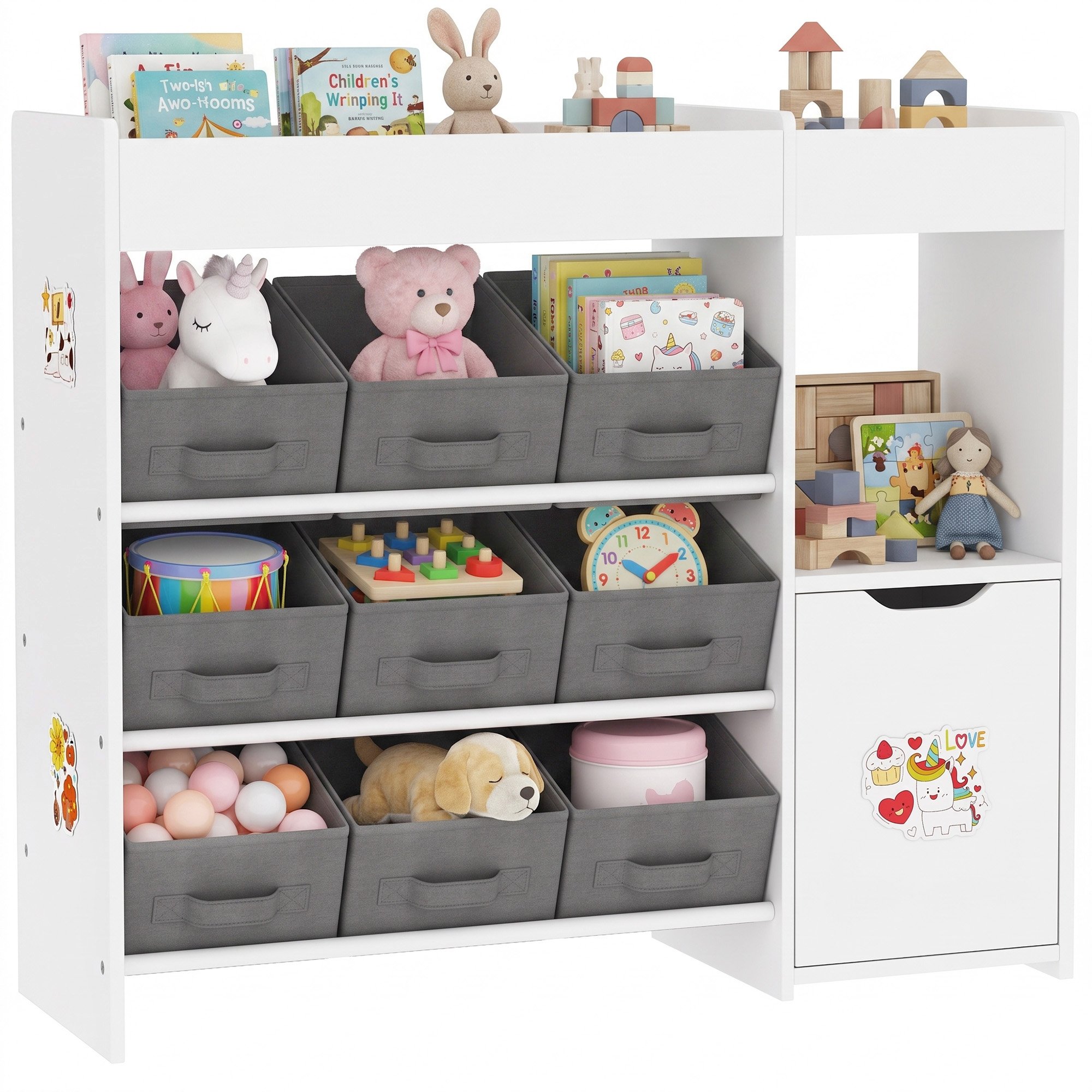 AIYAPLAY 9 Removable Fabric Bins MDF Toy Storage Unit with Bookshelf