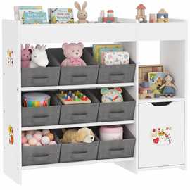 AIYAPLAY 9 Removable Fabric Bins MDF Toy Storage Unit with Bookshelf