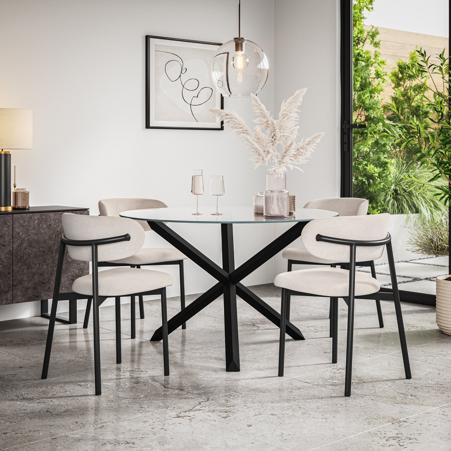 Furniture Online Malvern Glass Glass Dining Table & 4 Myla Beige Chairs