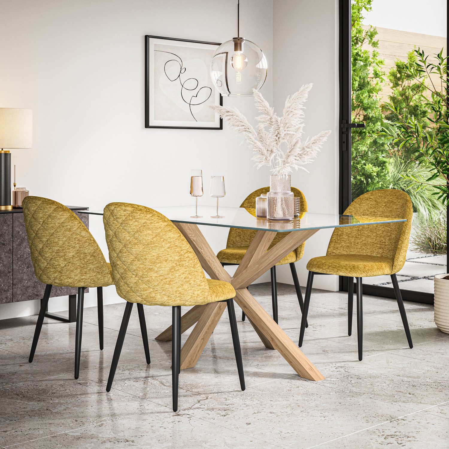 Furniture Online Etta Glass Dining Table & 4 Raye Mustard Chairs