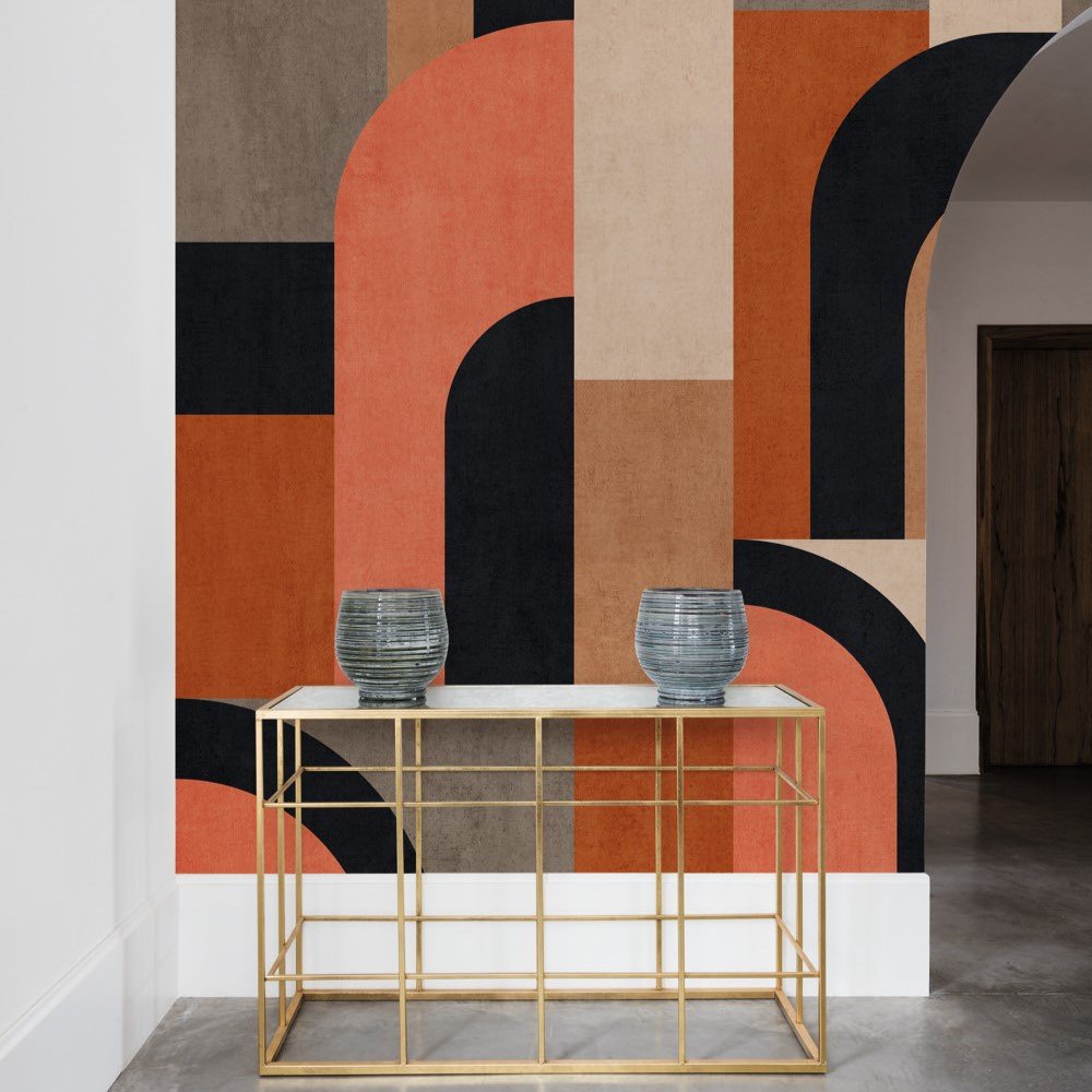 Grandeco Modernist Shapes 3 Lane Repeatable Wallpaper Mural   - Orange
