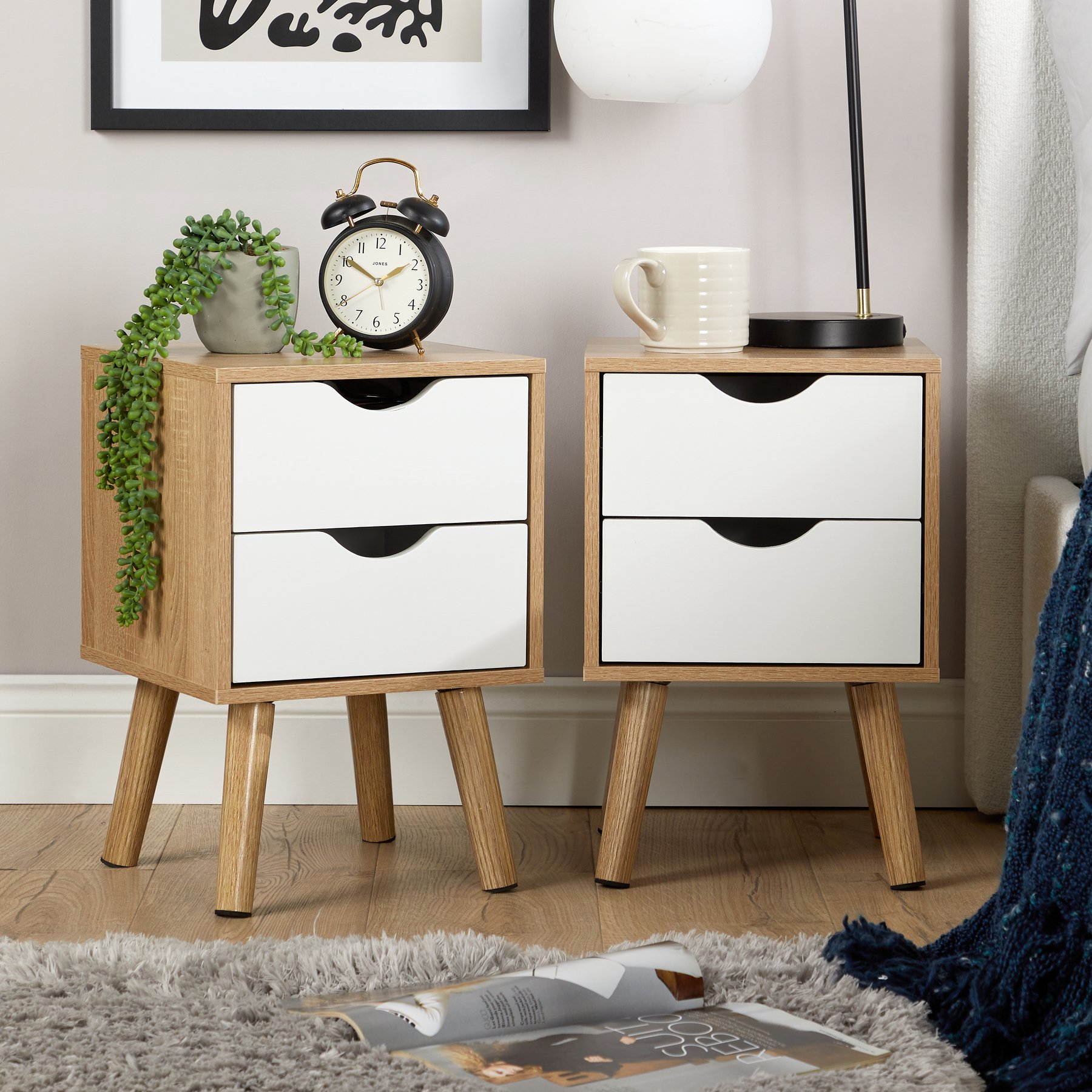 Home Source Boden 2 Drawer Bedside Table Pair - Oak