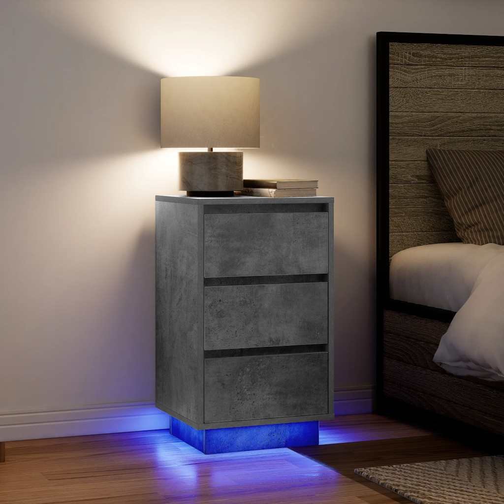 Walplus LED 3 Drawer Bedside Cabinet - Stone Grey - 38 x 34 x 65 cm