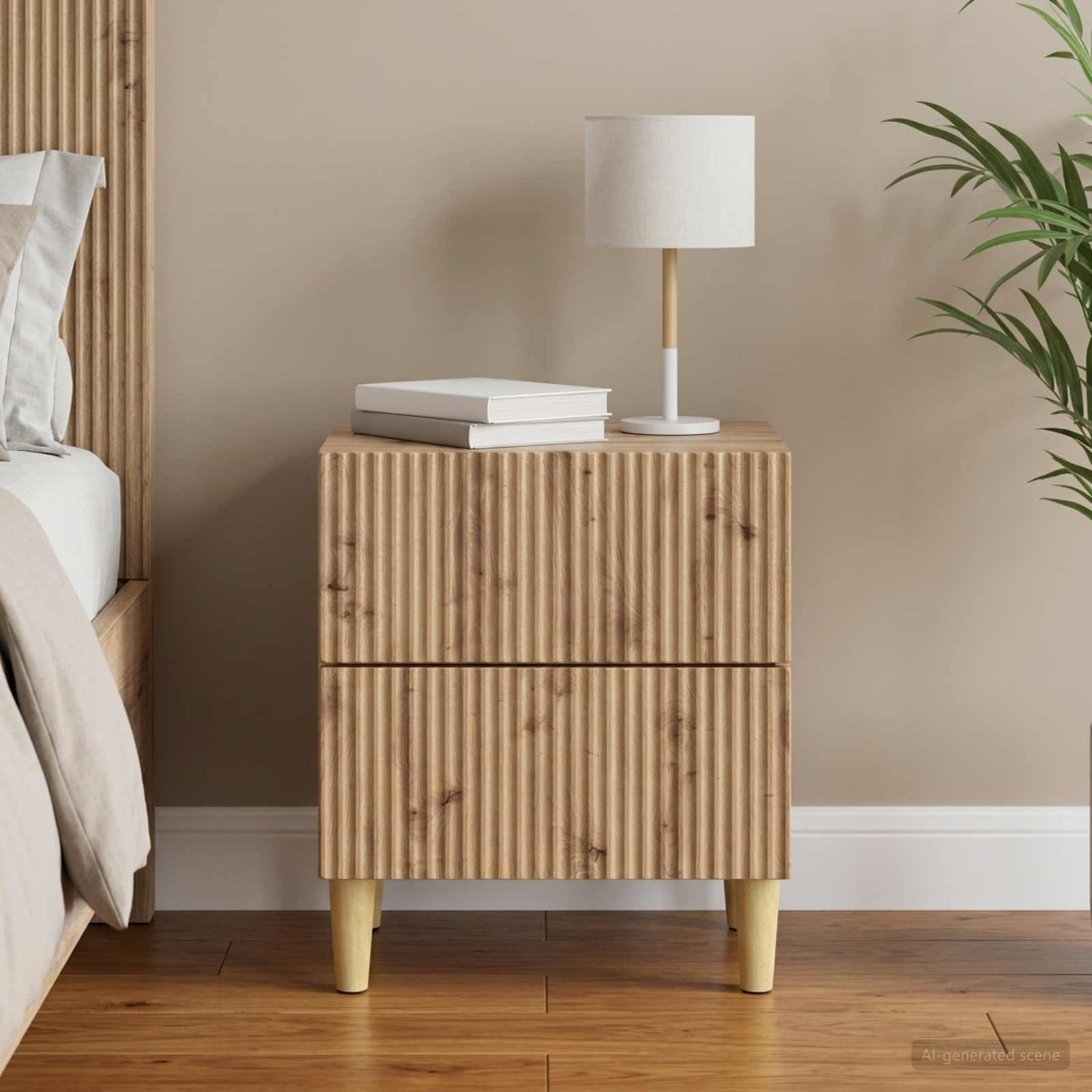 Walplus 2 Drawer Bedside Cabinet - Oak - 43 x 34.5 x 48 cm