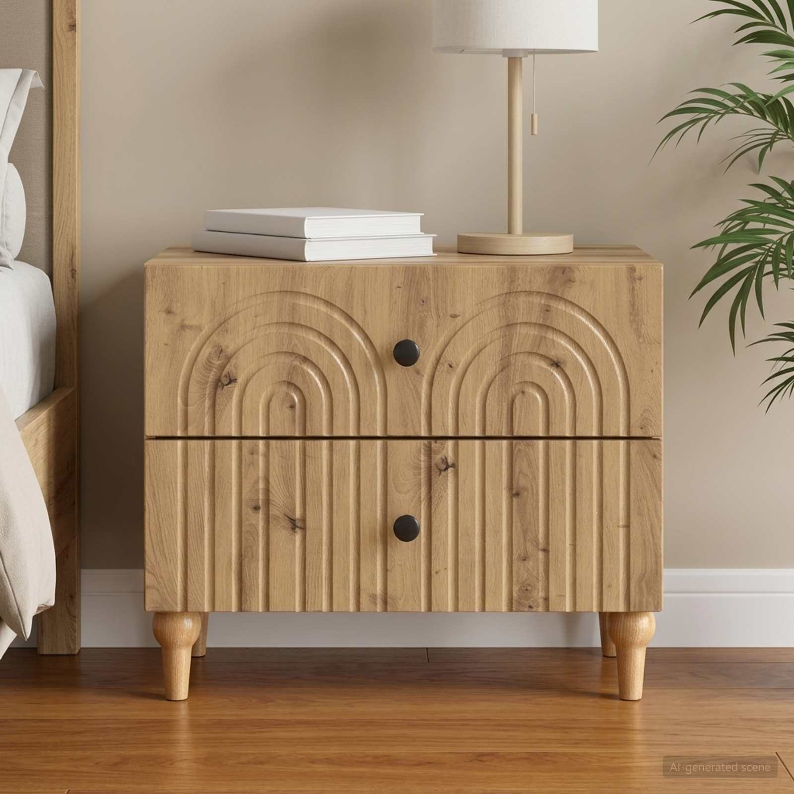 Walplus 2 Drawer Bedside Cabinet - Oak - 62 x 34.5 x 48 cm