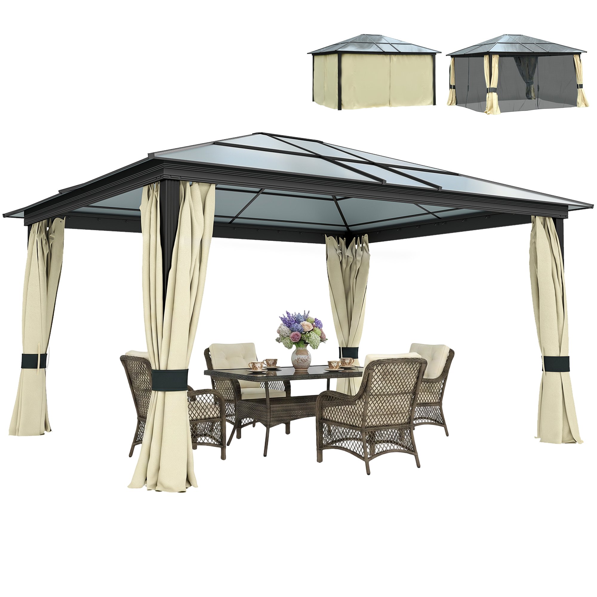 Outsunny Aluminium Garden Gazebo with Mosquito Netting and Curtains - Black