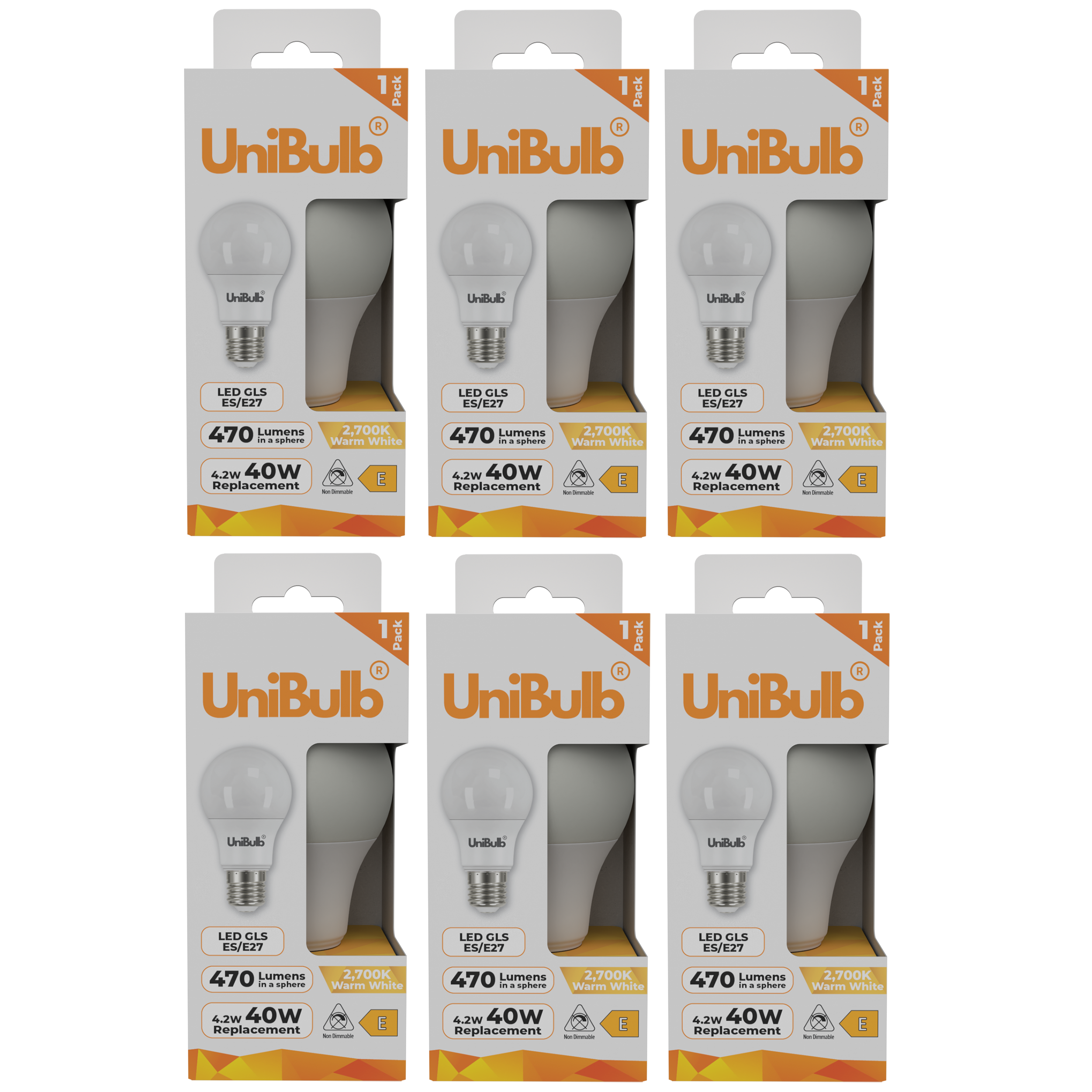 UniBulb 4.2W LED Warm White GLS E27 Light Bulb - Pack of 6