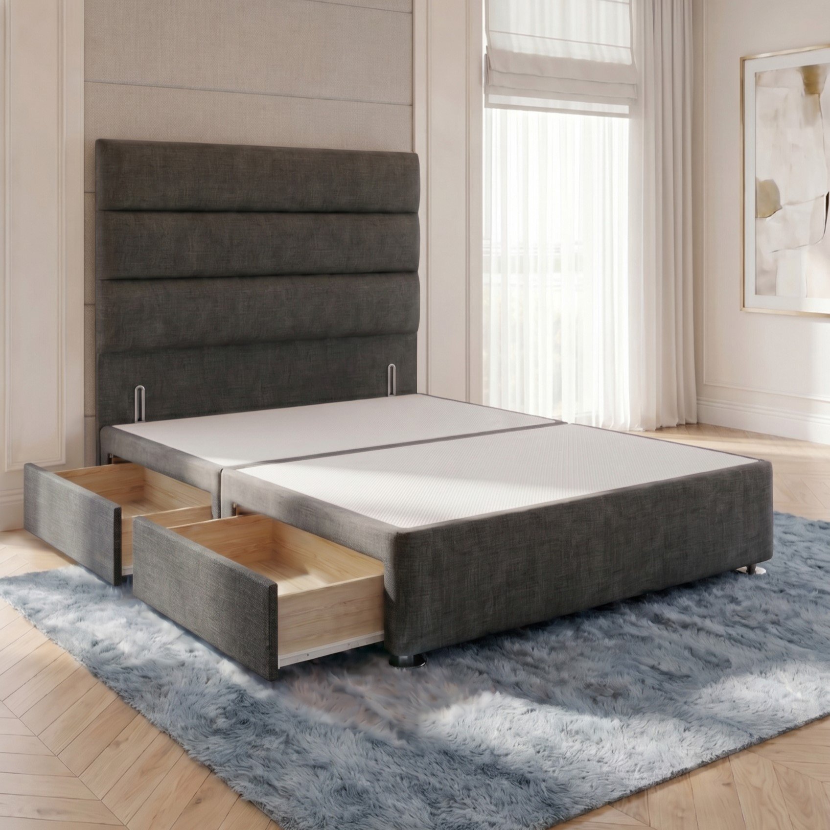 Somnior Regent Linen Single 2 Drawer Divan Bed 54" Headboard - Charcoal