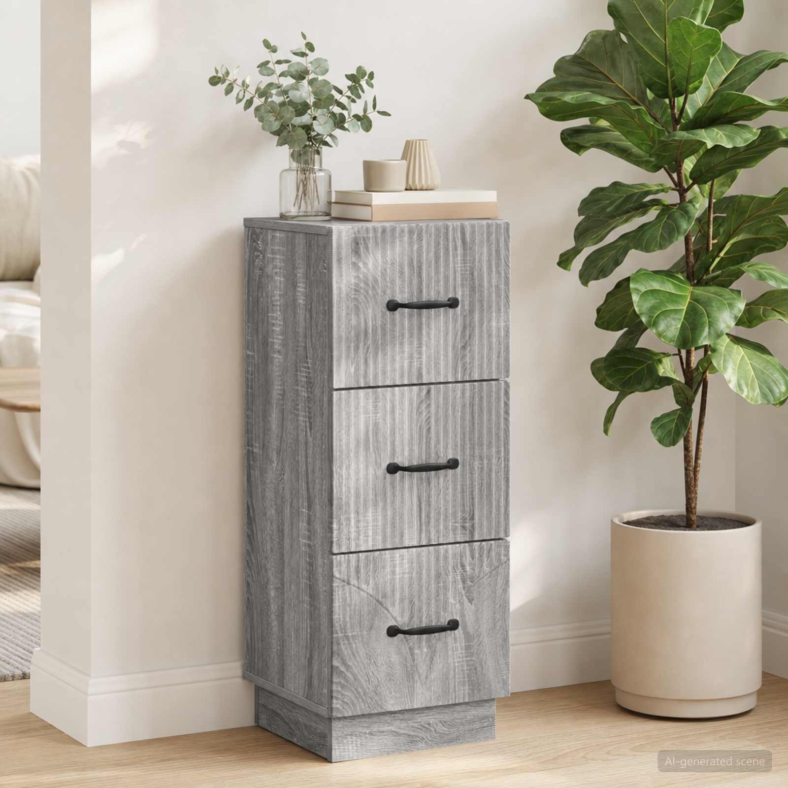 Walplus Engineered Wood Drawer Cabinet - Grey and Oak - 33 x 34.5 x 87 cm