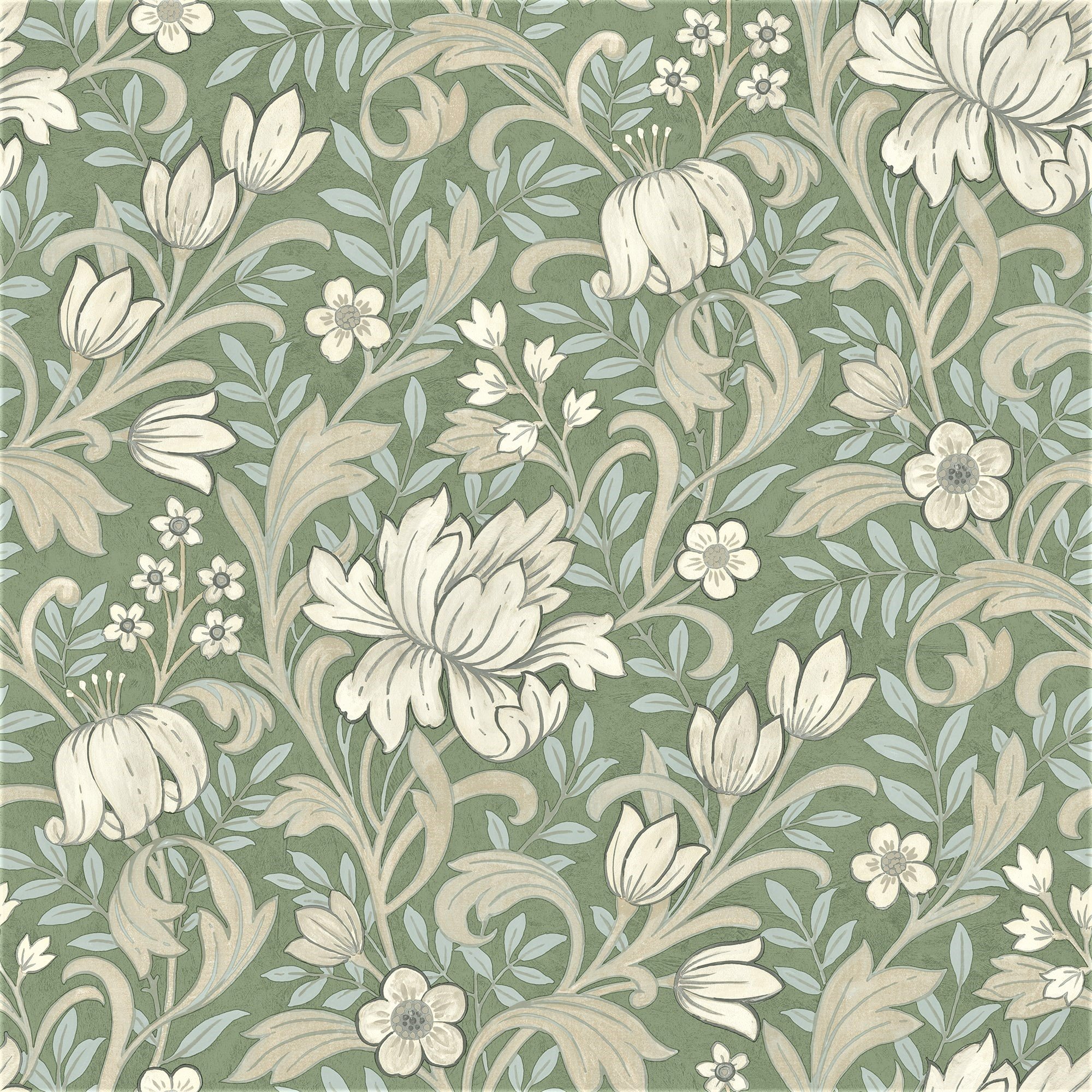 Grandeco Marian Vintage Art Nouveau Floral Trail Smooth Wallpaper - Green