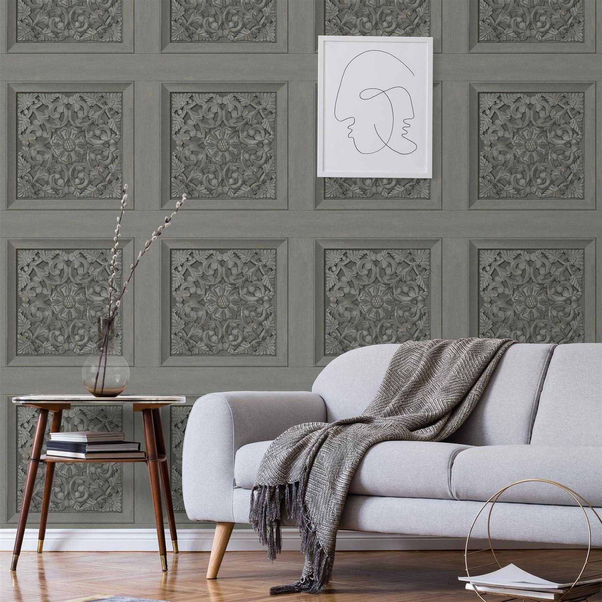 Fine Decor Carved Wallpaper - Charcoal