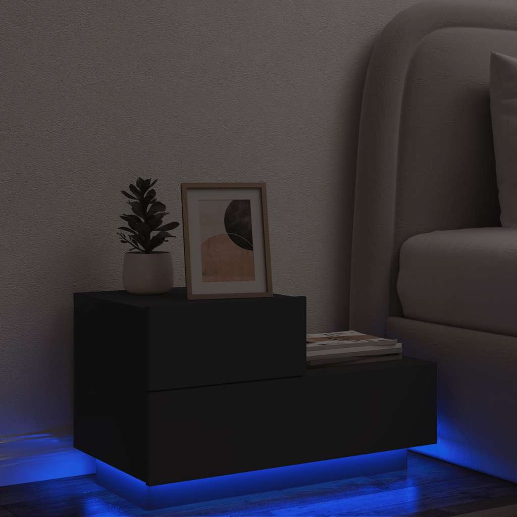Walplus LED Engineered Wood Bedside Cabinet - Black - 70 x 36 x 40.5 cm