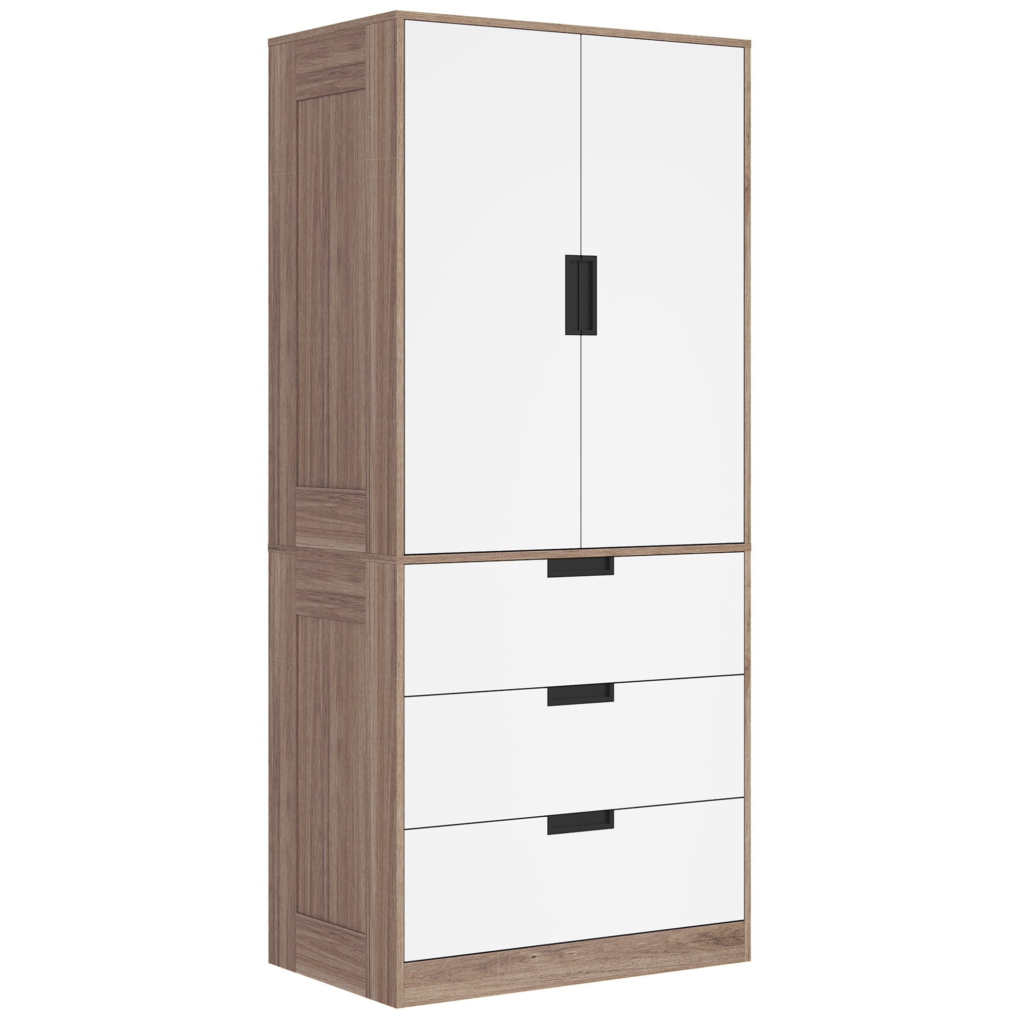 HOMCOM 2 Door Wardrobe with 3 Drawers and Hanging Rail - Brown