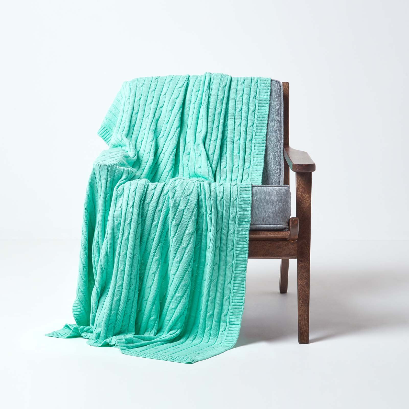 Homescapes Cotton Cable Knit Throw - 150 x 200 cm - Pastel Green