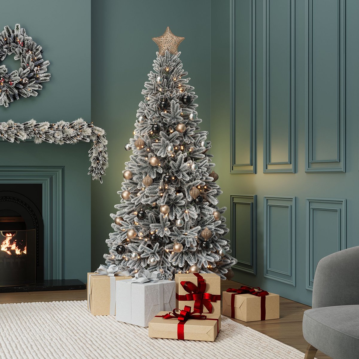 Luxury 7ft Pre-Lit Faux Hinged Snowy Christmas Tree
