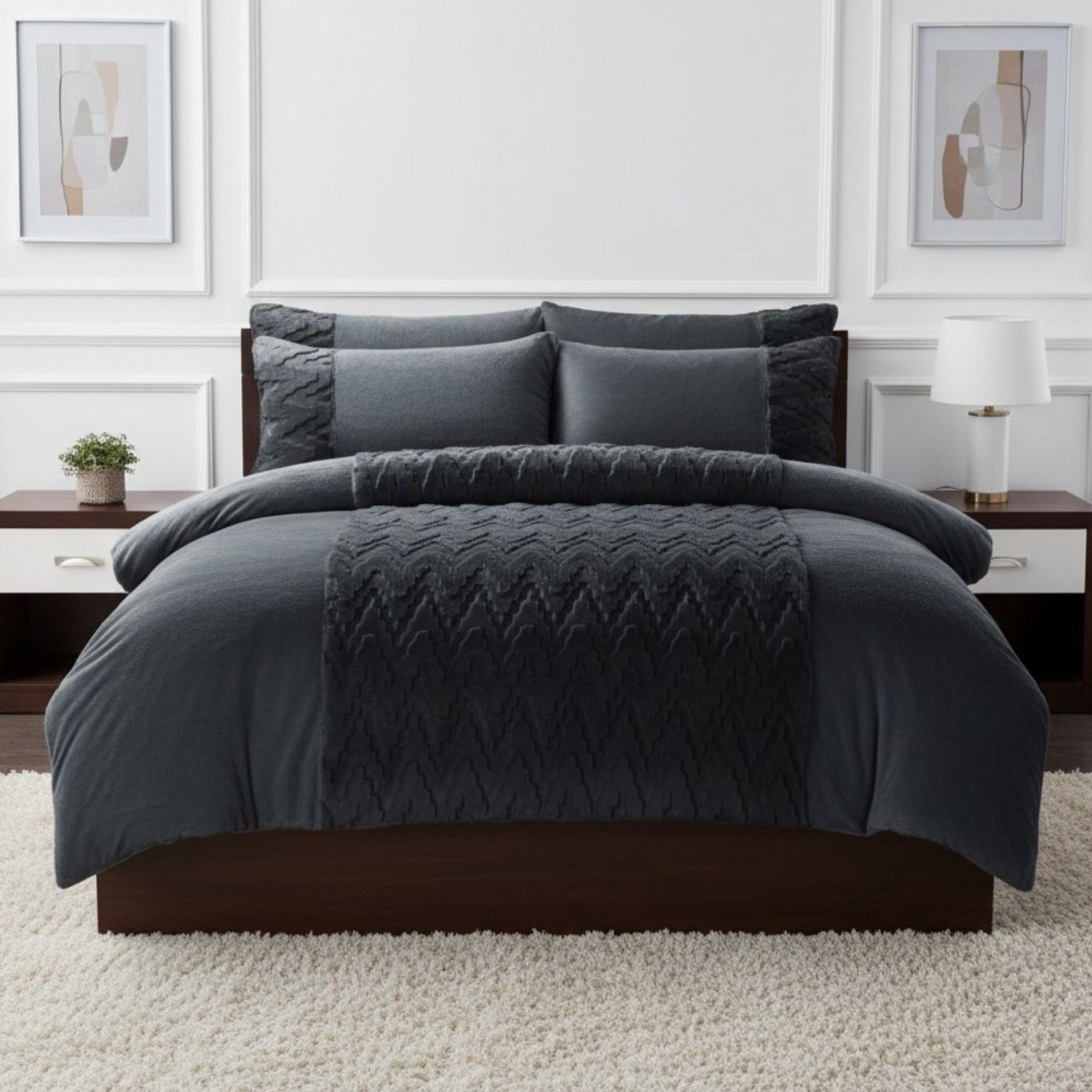 Snug City 3D Zig Zag Teddy Fleece Duvet Cover Set - Single - Charcoal