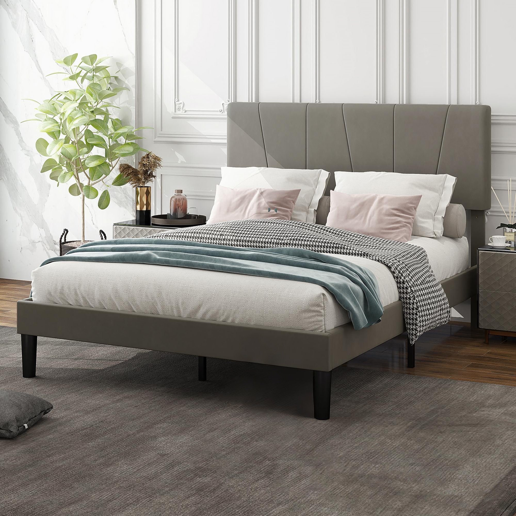 HOMCOM Double Bed Frame with 5 Adjustable Velvet Upholstered Headboard - Grey