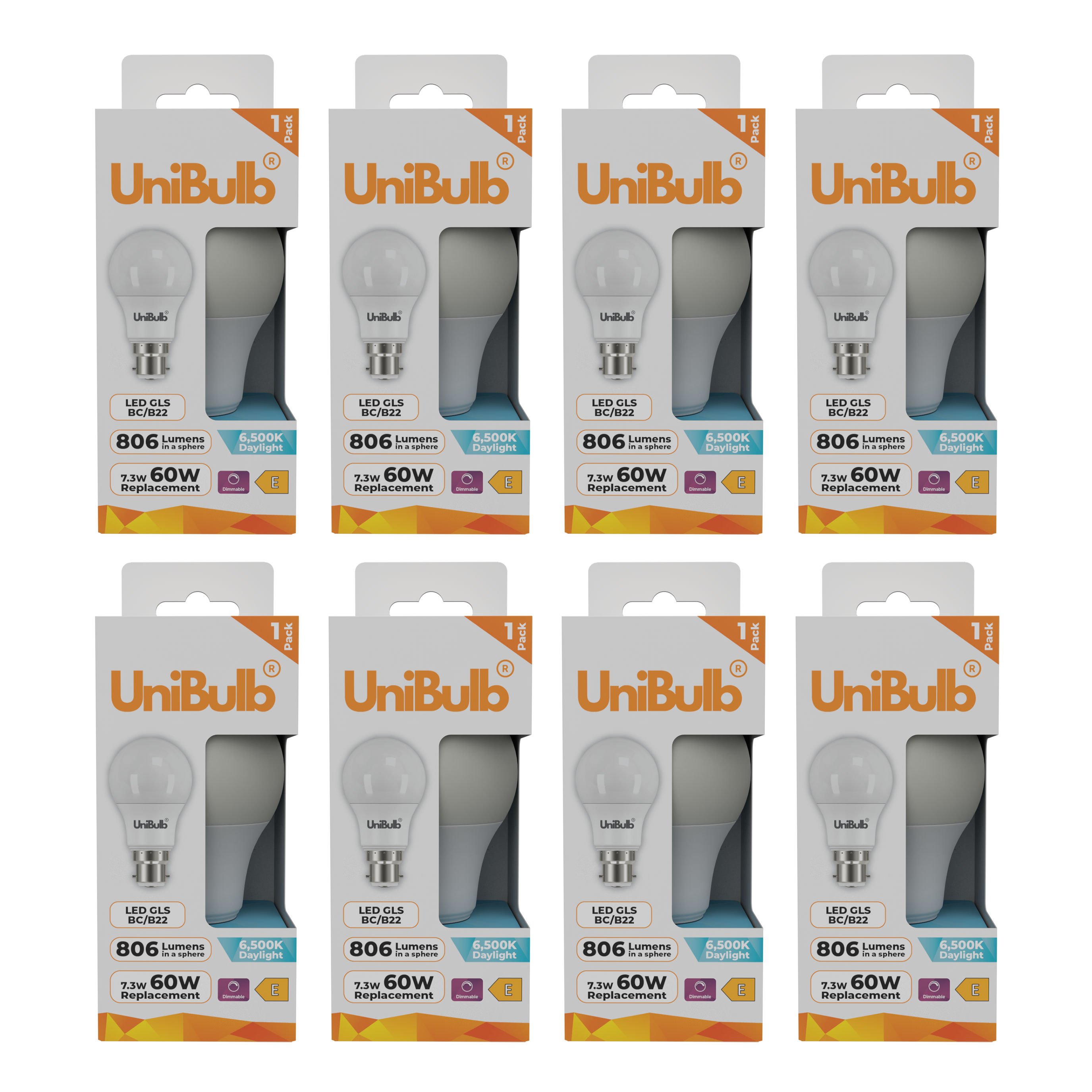 UniBulb 7.3W LED Daylight Dimmable GLS B22 Light Bulb - Pack of 8
