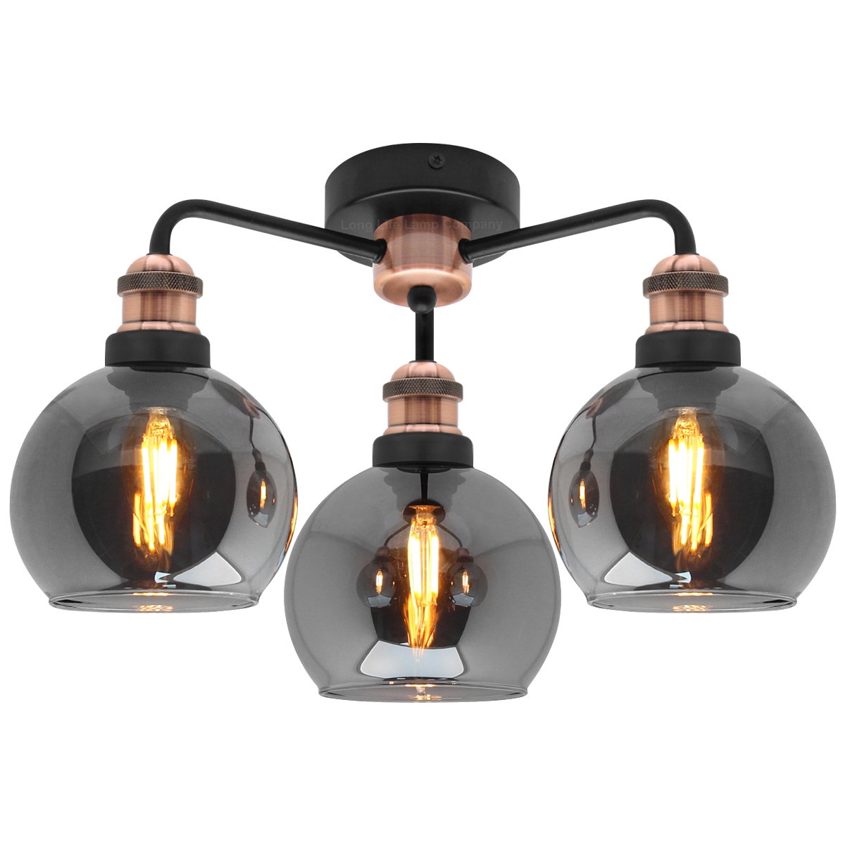 Energy Light Bulbs 3 Light Grey Globe Glass Ceiling Light - Antique Copper