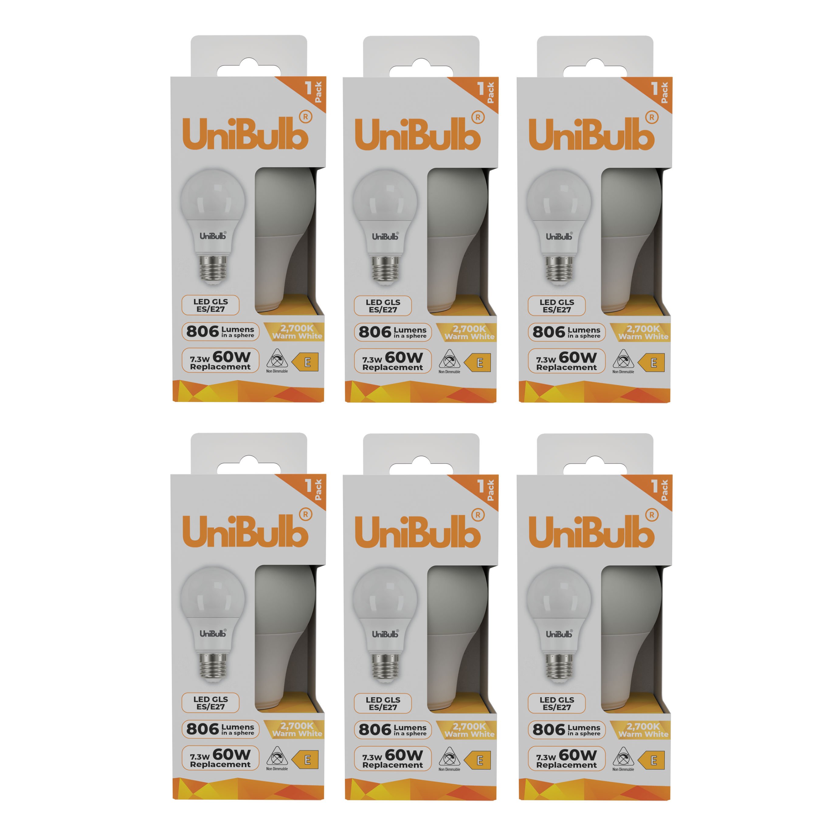UniBulb 7.3W LED Warm White GLS E27 Light Bulb - Pack of 6